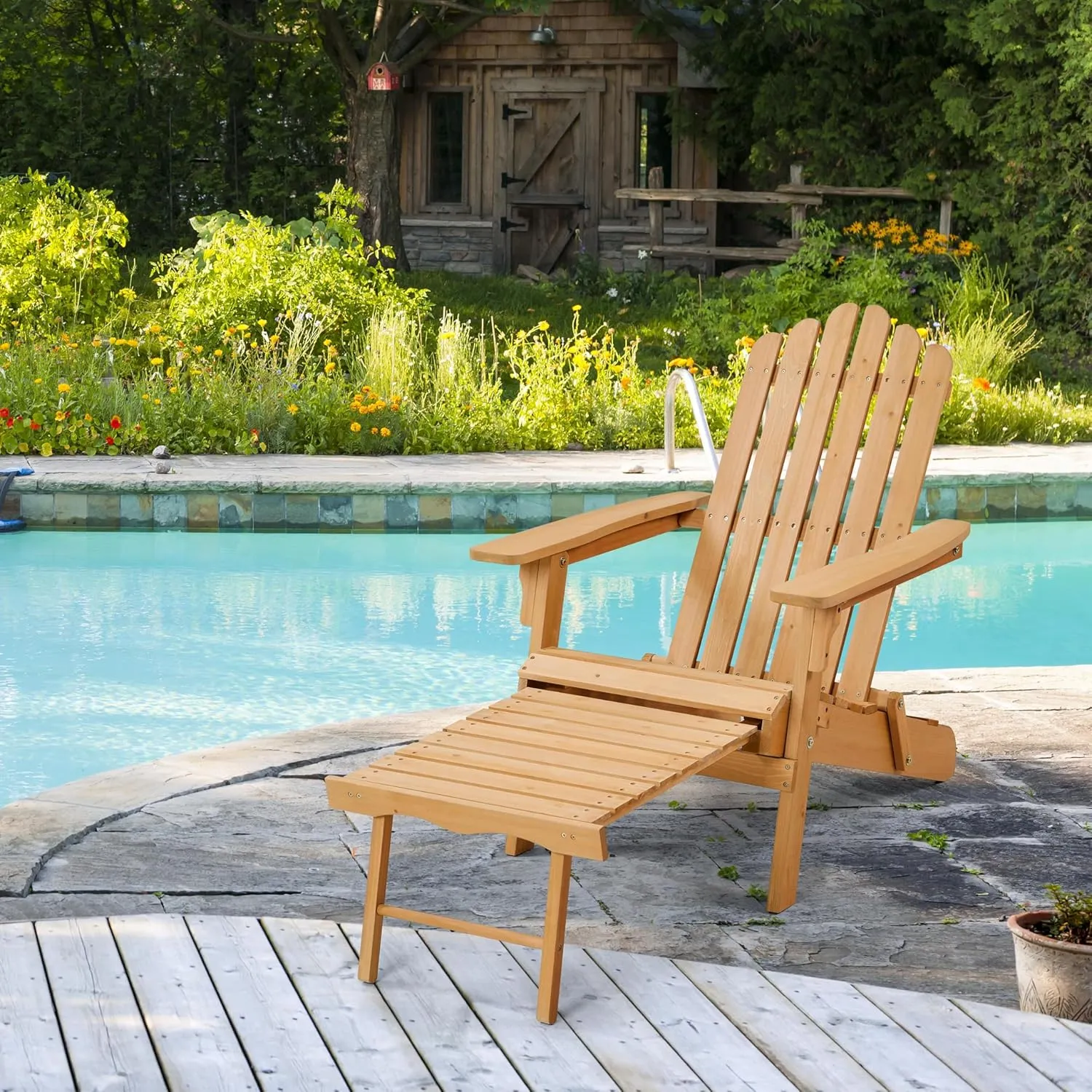 Yaheetech Folding Adirondack Chair with Retractable Ottoman Weight Capacity 300lb Solid Wood Garden Chair, Fire Pit Lounge Chairs Weather Resistant Furniture for Garden/Yard/Patio/Lawn, Brown