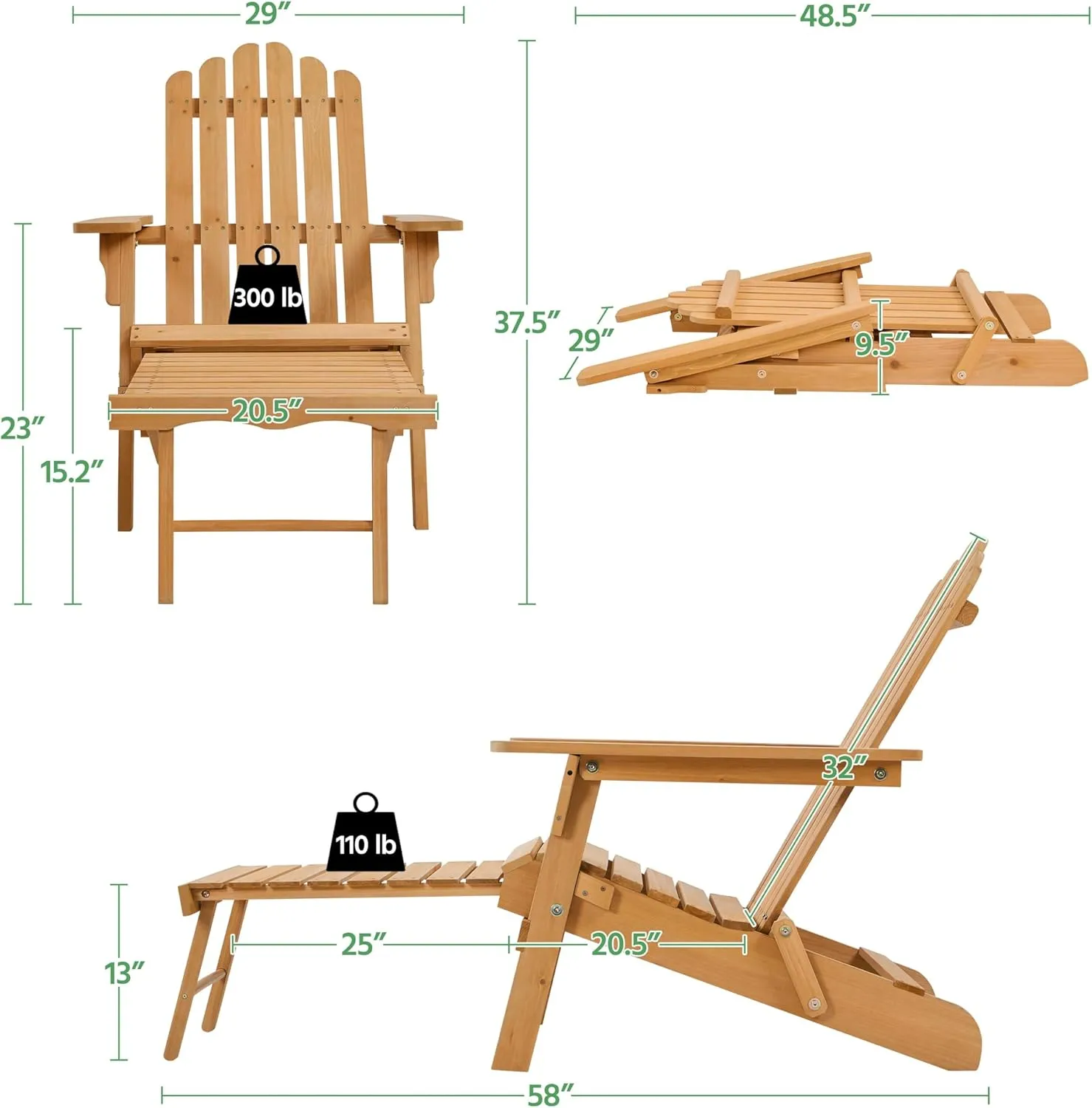 Yaheetech Folding Adirondack Chair with Retractable Ottoman Weight Capacity 300lb Solid Wood Garden Chair, Fire Pit Lounge Chairs Weather Resistant Furniture for Garden/Yard/Patio/Lawn, Brown