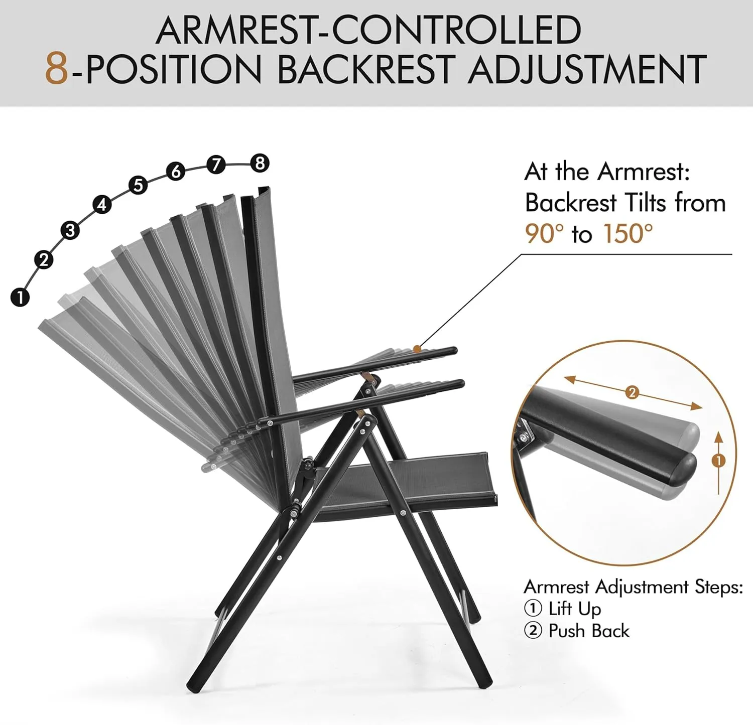 Yaheetech Patio Folding Dining Chairs Set of 4, Stackable Outdoor Chairs with 8 Adjustable Back Positions and Armrest for Garden, Lawn, Yard and Beach, Dark Gray
