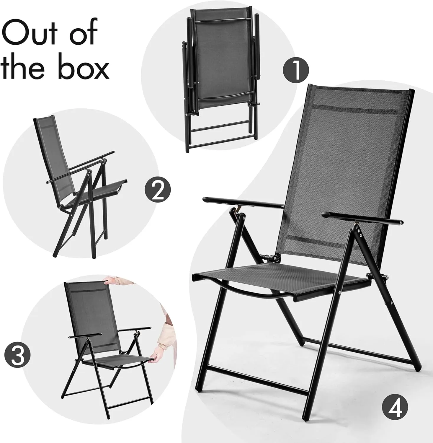 Yaheetech Patio Folding Dining Chairs Set of 4, Stackable Outdoor Chairs with 8 Adjustable Back Positions and Armrest for Garden, Lawn, Yard and Beach, Dark Gray
