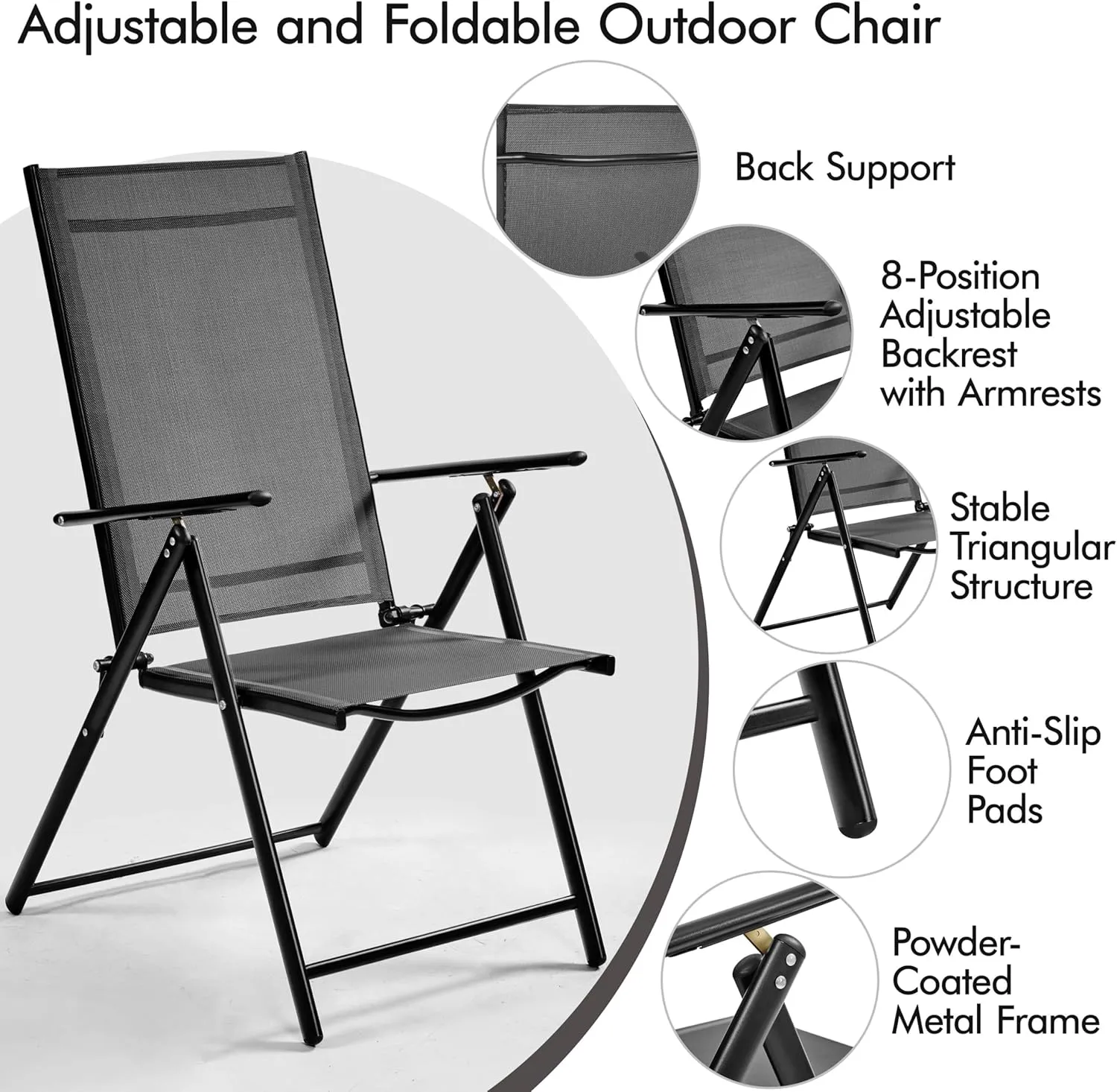 Yaheetech Patio Folding Dining Chairs Set of 4, Stackable Outdoor Chairs with 8 Adjustable Back Positions and Armrest for Garden, Lawn, Yard and Beach, Dark Gray