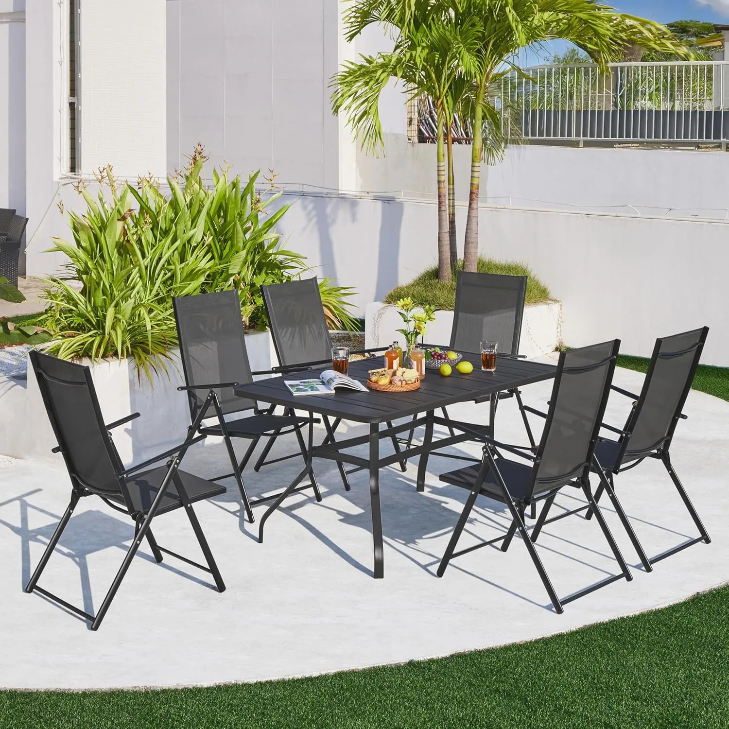Yaheetech Patio Folding Dining Chairs Set of 4, Stackable Outdoor Chairs with 8 Adjustable Back Positions and Armrest for Garden, Lawn, Yard and Beach, Dark Gray
