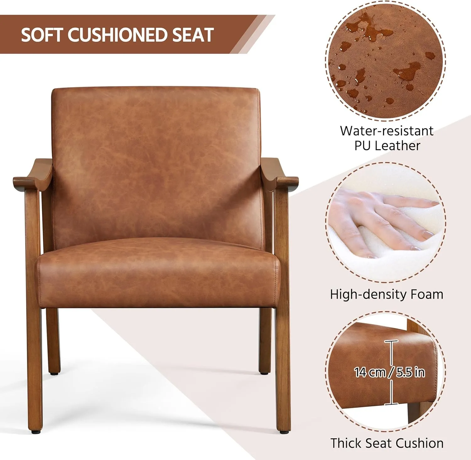 Yaheetech PU Leather Accent Chair, Mid-Century Modern Armchair with Solid Wood Legs, Reading Leisure Chair with High Back for Living Room Bedroom Waiting Room, Light Brown