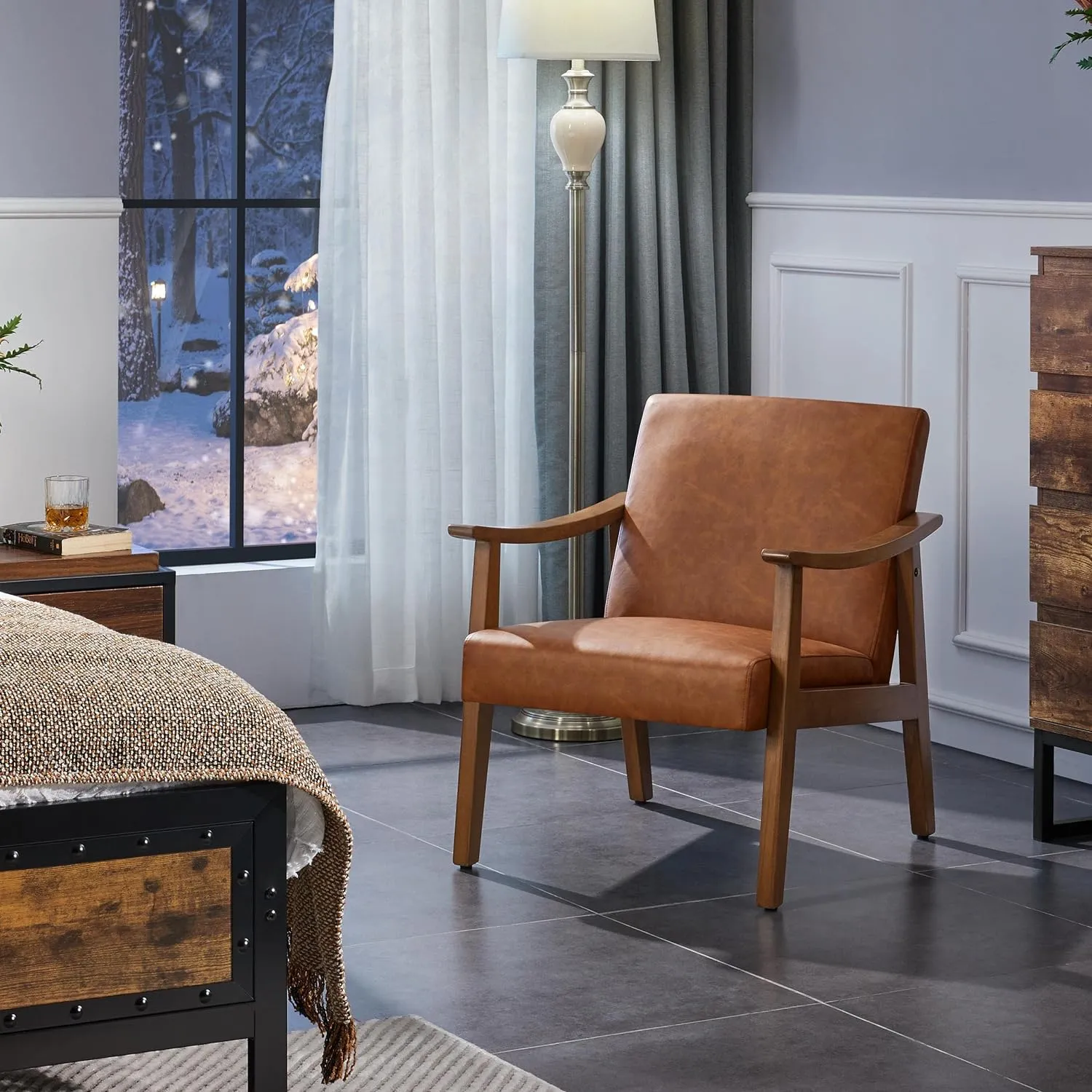 Yaheetech PU Leather Accent Chair, Mid-Century Modern Armchair with Solid Wood Legs, Reading Leisure Chair with High Back for Living Room Bedroom Waiting Room, Light Brown