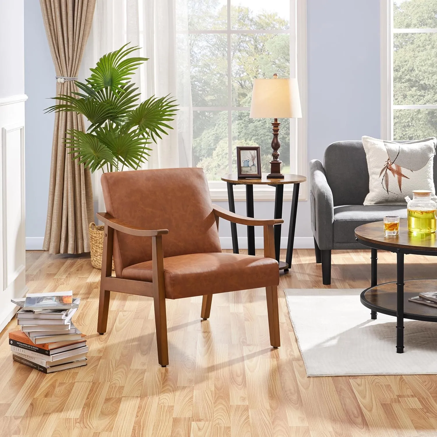Yaheetech PU Leather Accent Chair, Mid-Century Modern Armchair with Solid Wood Legs, Reading Leisure Chair with High Back for Living Room Bedroom Waiting Room, Light Brown