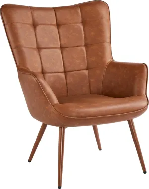 Yaheetech PU Leather Armchair, Modern Accent Chair Strong Structure, Vintage MidCentury High Back Sofa Chairs with Oversized Padded and Solid Metal Legs for Living Room/Bedroom/Office, Brown