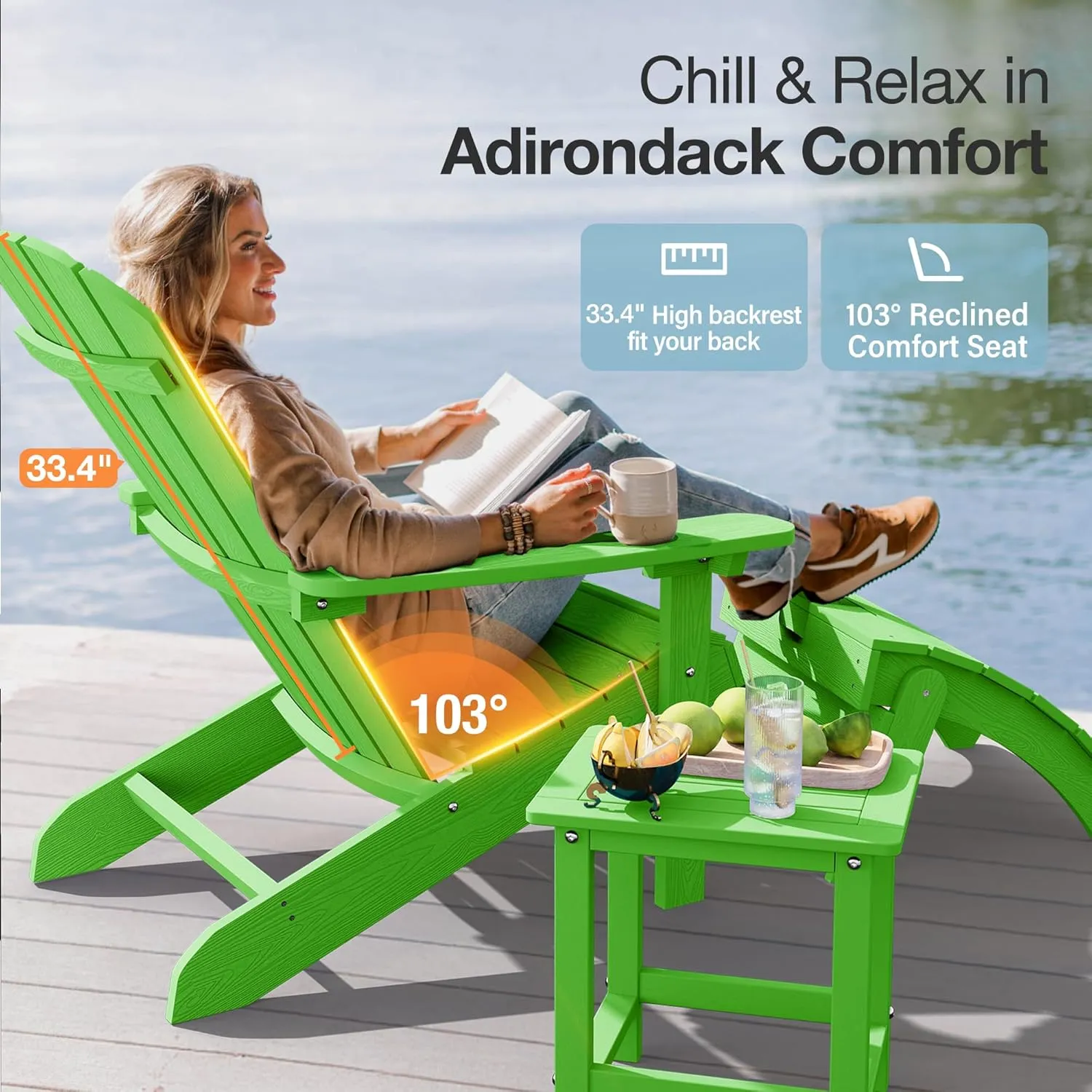 YEFU Adirondack Chair Plastic Weather Resistant, Patio Chairs 5 Steps Easy Installation, Looks Exactly Like Real Wood, Widely Used in Outdoor, Fire Pit, Deck, Outside, Campfire Chairs (Lime)