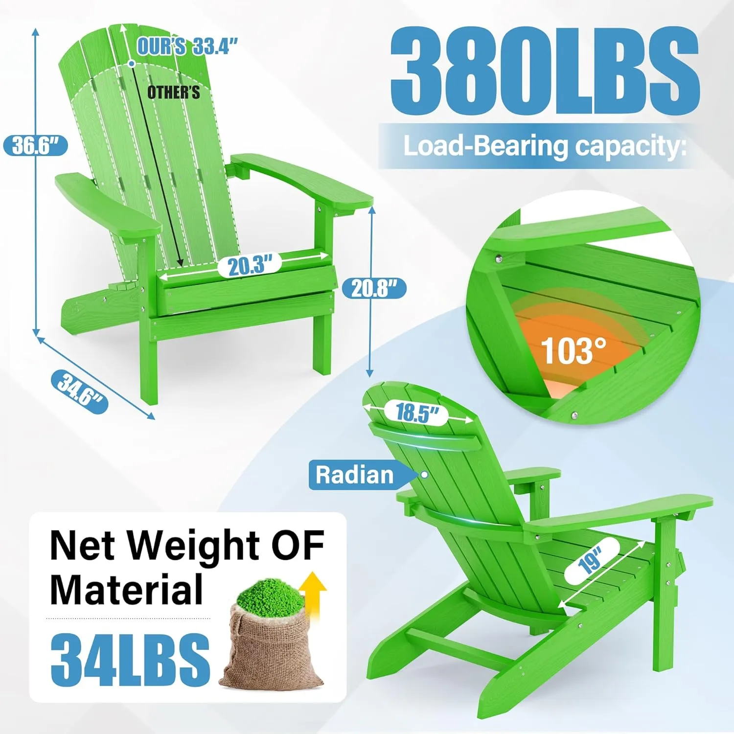 YEFU Adirondack Chair Plastic Weather Resistant, Patio Chairs 5 Steps Easy Installation, Looks Exactly Like Real Wood, Widely Used in Outdoor, Fire Pit, Deck, Outside, Campfire Chairs (Lime)