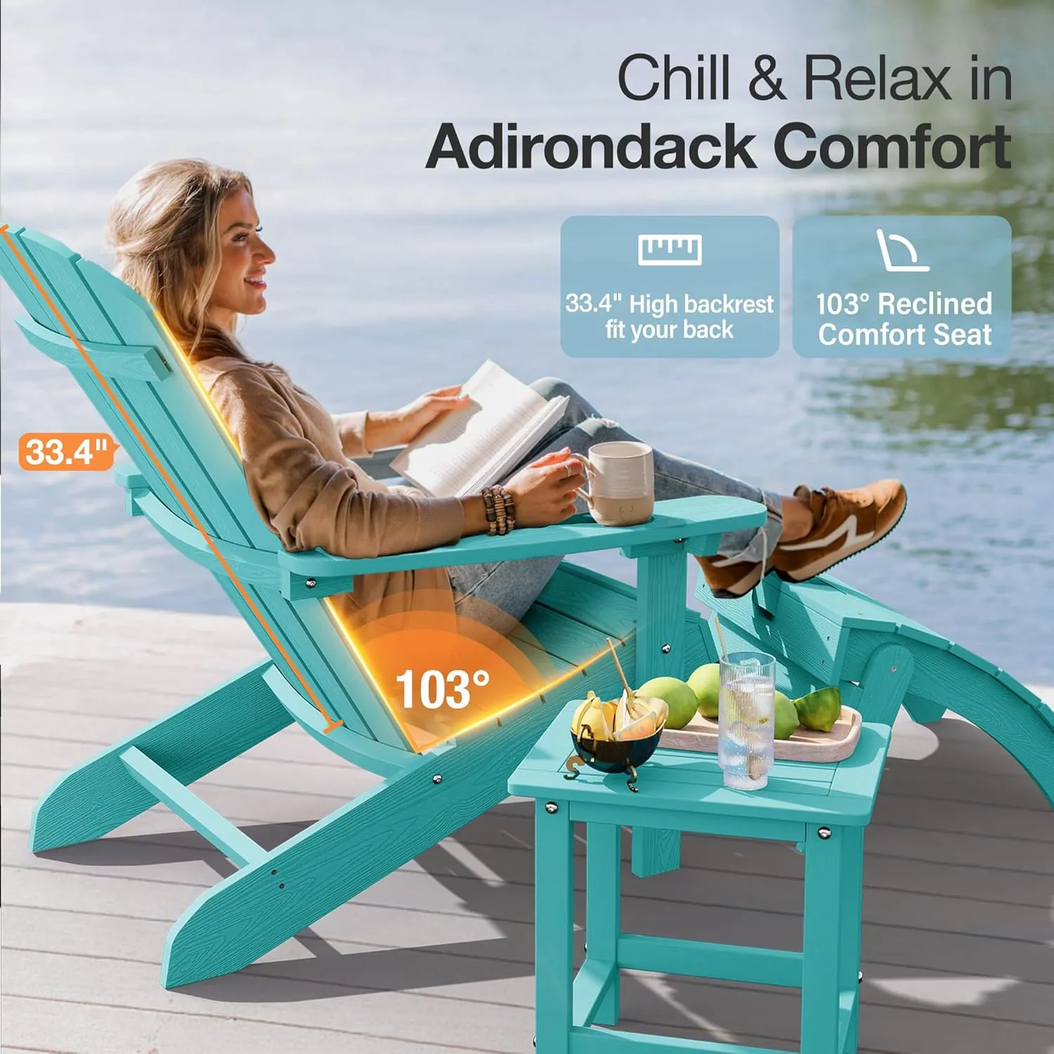 YEFU Adirondack Chair Plastic Weather Resistant, Patio Chairs 5 Steps Easy Installation, Looks Exactly Like Real Wood, Widely Used in Outdoor, Fire Pit, Deck, Outside, Garden, Campfire Chairs (Aruba)