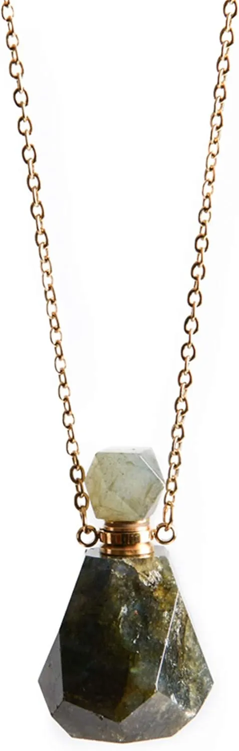 YGLINE Labradorite Perfume Locket Necklace Aromatherapy Essential Oil Diffuser Natural Stone Pendant Necklace for Women