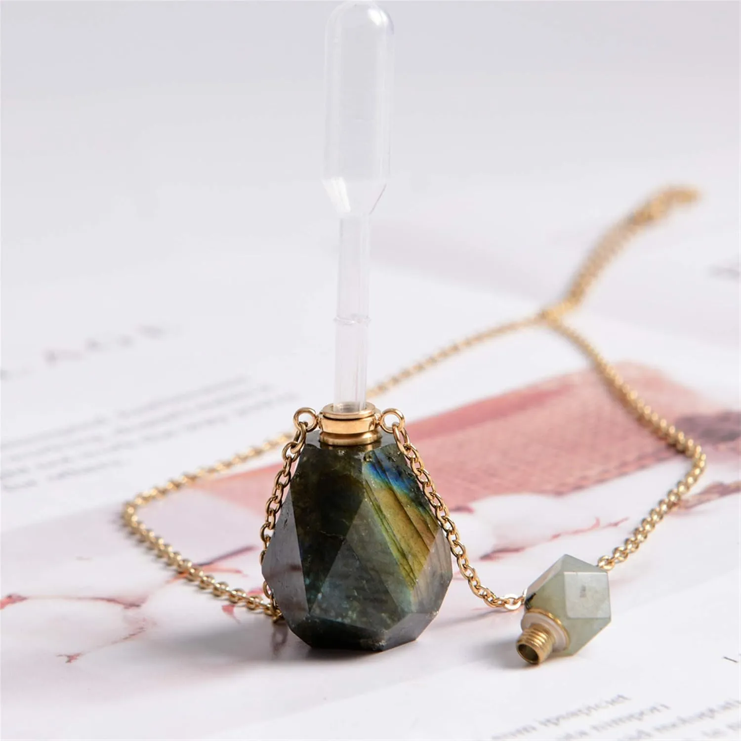 YGLINE Labradorite Perfume Locket Necklace Aromatherapy Essential Oil Diffuser Natural Stone Pendant Necklace for Women