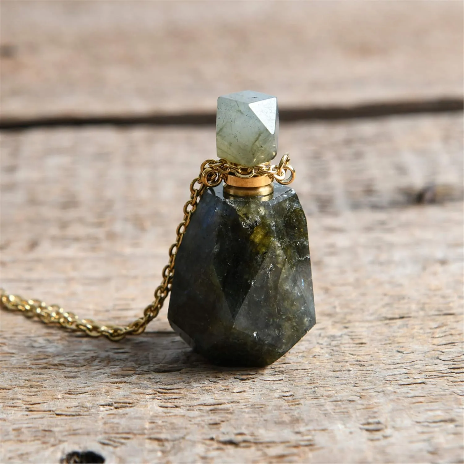 YGLINE Labradorite Perfume Locket Necklace Aromatherapy Essential Oil Diffuser Natural Stone Pendant Necklace for Women