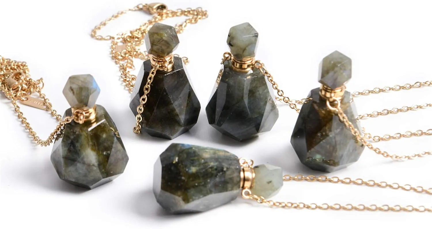 YGLINE Labradorite Perfume Locket Necklace Aromatherapy Essential Oil Diffuser Natural Stone Pendant Necklace for Women