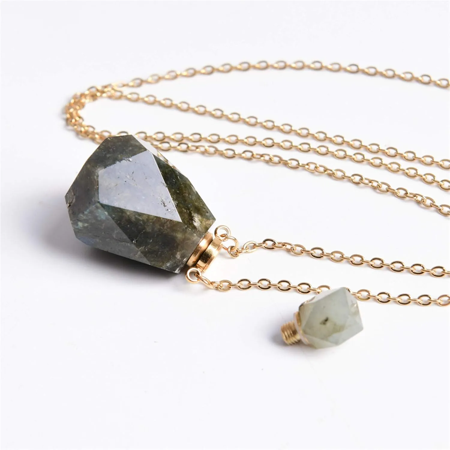 YGLINE Labradorite Perfume Locket Necklace Aromatherapy Essential Oil Diffuser Natural Stone Pendant Necklace for Women