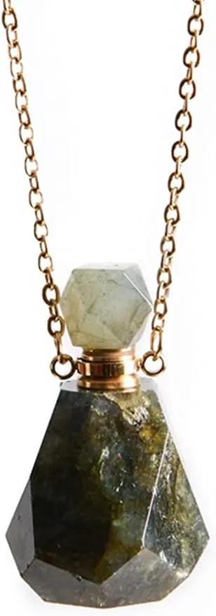 YGLINE Labradorite Perfume Locket Necklace Aromatherapy Essential Oil Diffuser Natural Stone Pendant Necklace for Women