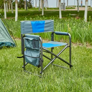 YISH W24178768 Portable Folding Compact Lawn Storage Pockets, Heavy Duty Lightweight Beach Chairs for Outdoor Camping Hiking Picnics Fishing Travel, Blue&Gray