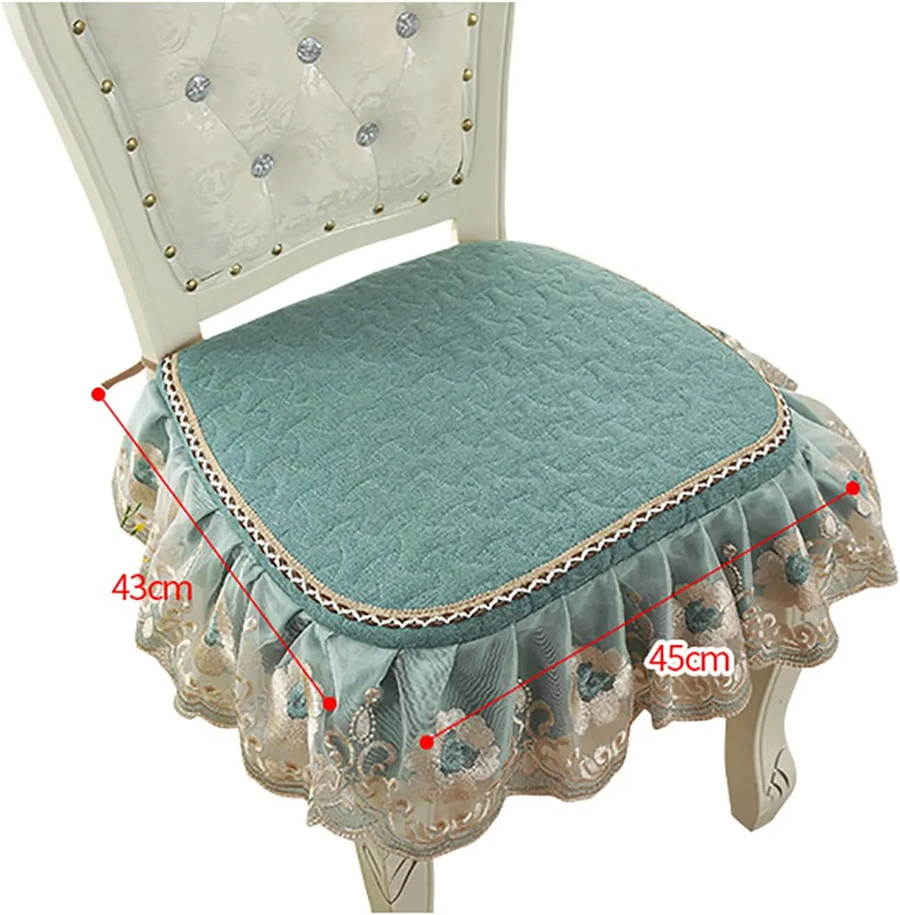 Yizc Lace Ruffle Chair Cushion,Non Slip European Seat Cushion Square Thicken Chair Pad with Ties,Luxury Decorative Chair Cover for Dining Chair Office Chairs-Green 43x45cm(17x18inch)