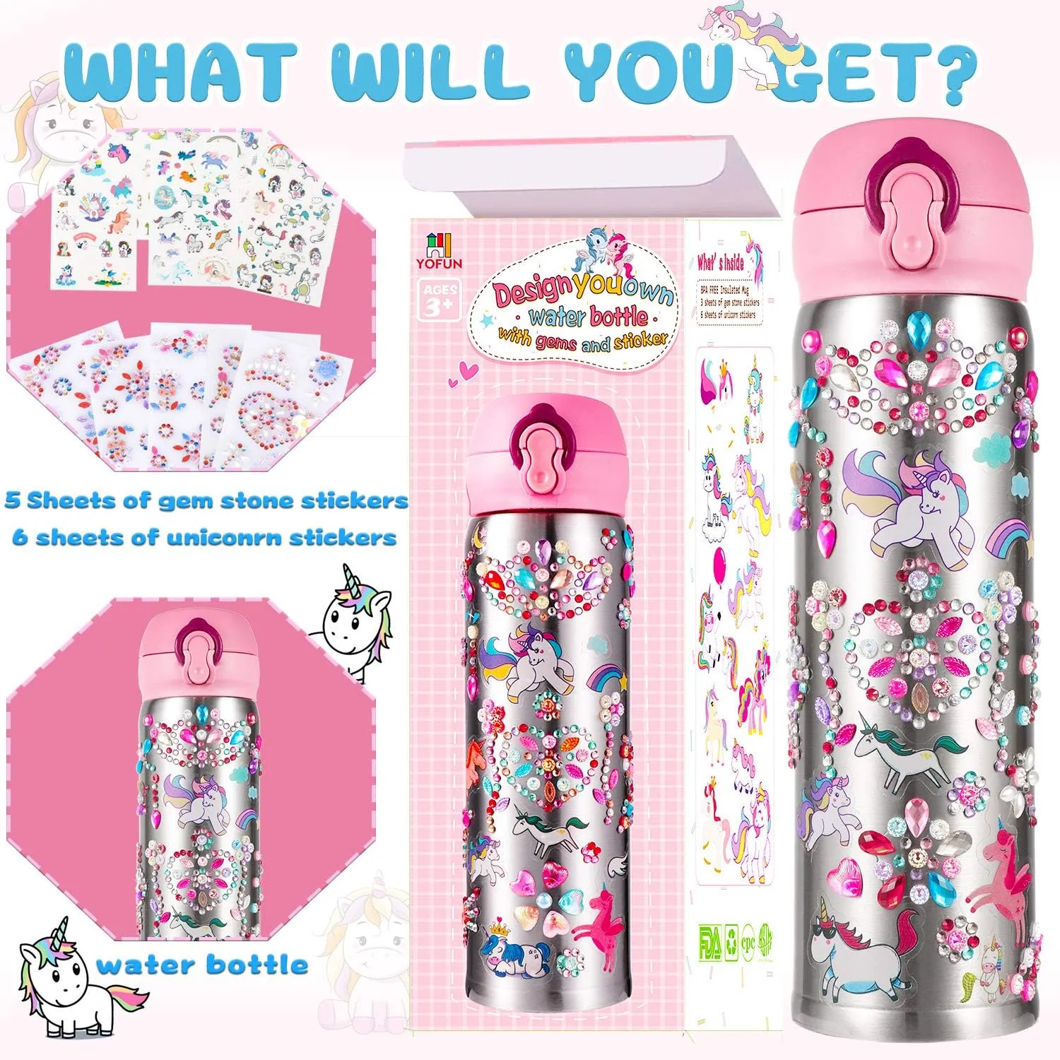 YOFUN Decorate Your Own Water Bottle with 11 Sheets of Unicorn Stickers & Glitter Gems, Craft Kit & Art Kit for Children, Gift for Girls Age 4 5 6 7 8 9 10 Years Old Kids, BPA Free Insulated (Silver)