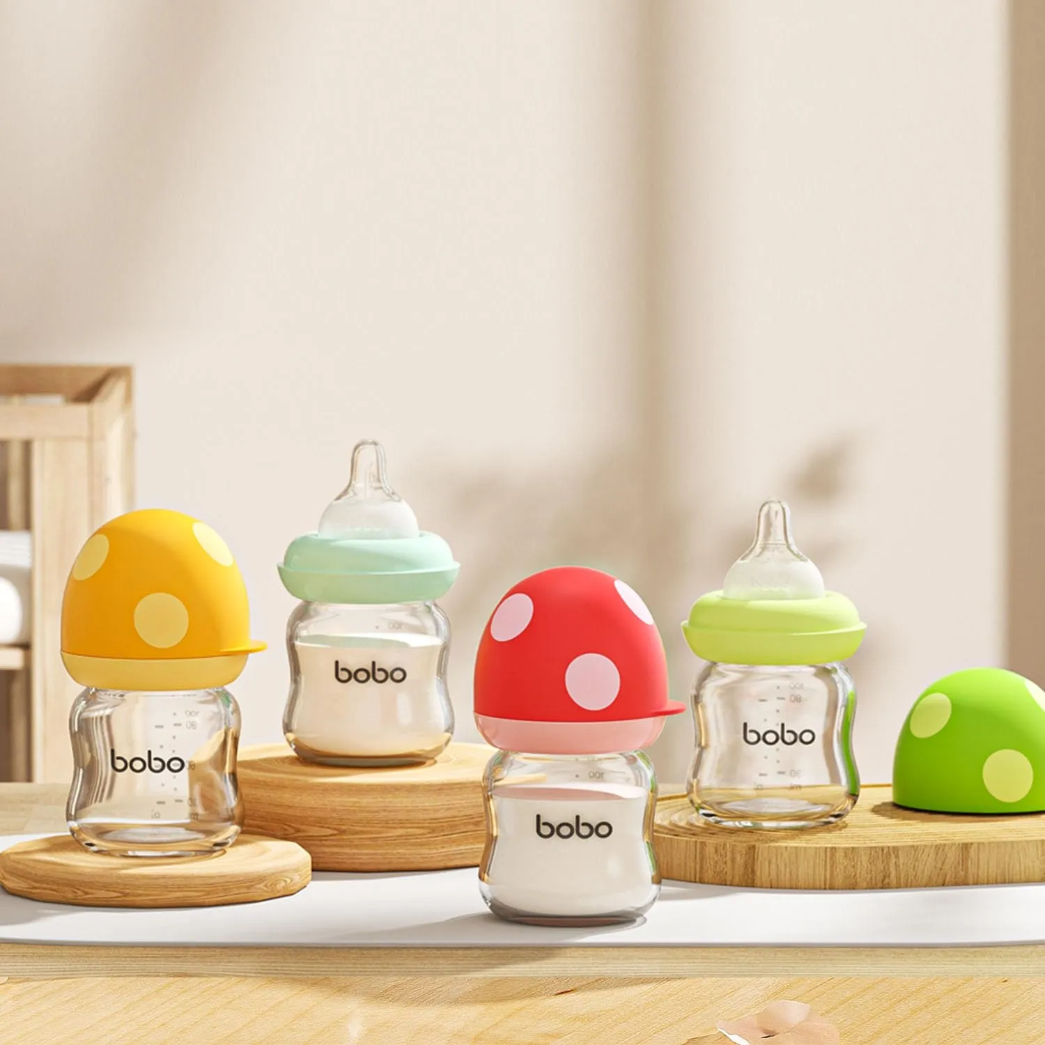 YOHKOH Natural Glass Baby Bottle with Natural Response Nipple, Newborn Anti-Colic Baby Bottles, Wide Neck Mushroom Cap Baby Bottle, Clear (Multicolour1, 3.4oz (Pack of 4))