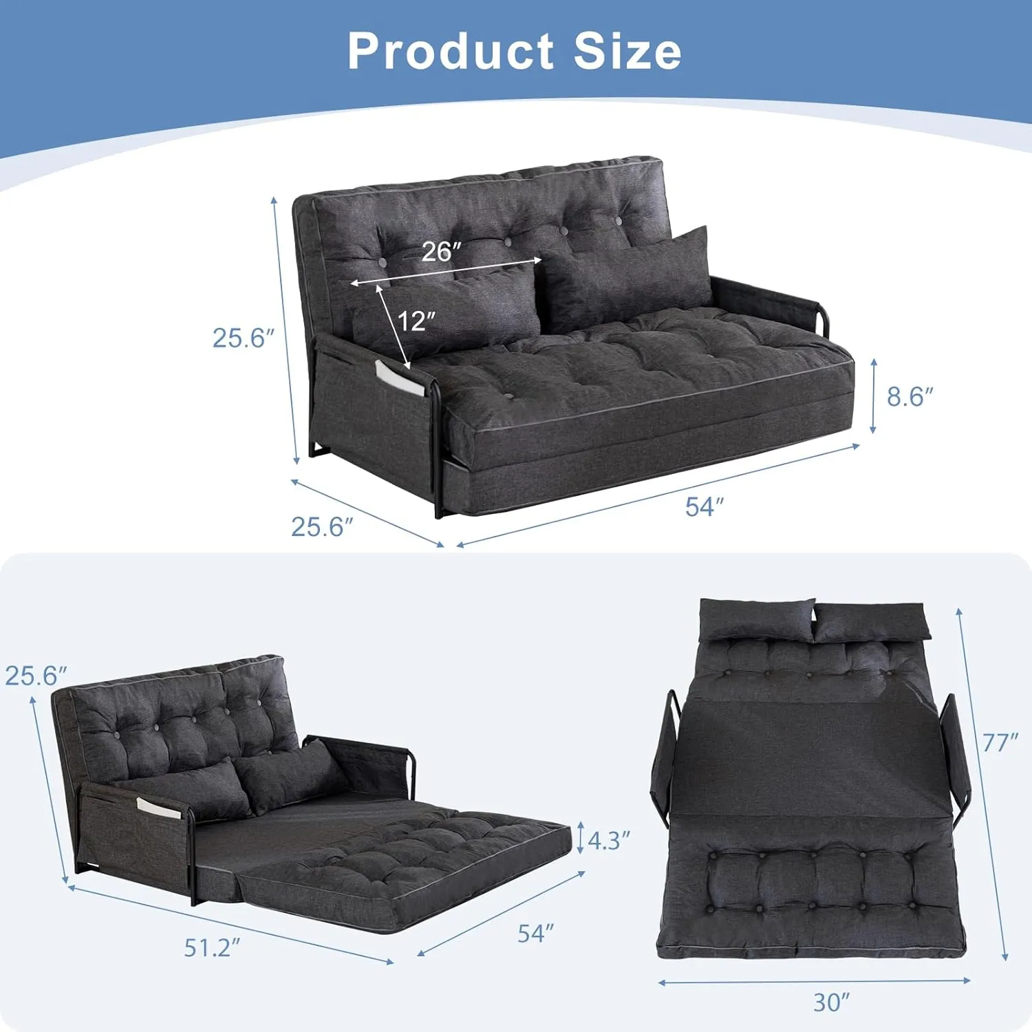 YOSHOOT Adjustable Lazy Floor Sofa, Folding Couch Bed with 5 Positions Adjustable Backrest, Convertible Bean Bag Sofa Bed Couch Foldable Sleeper Chair with Pillow for Reading Gaming（Grey, Full）