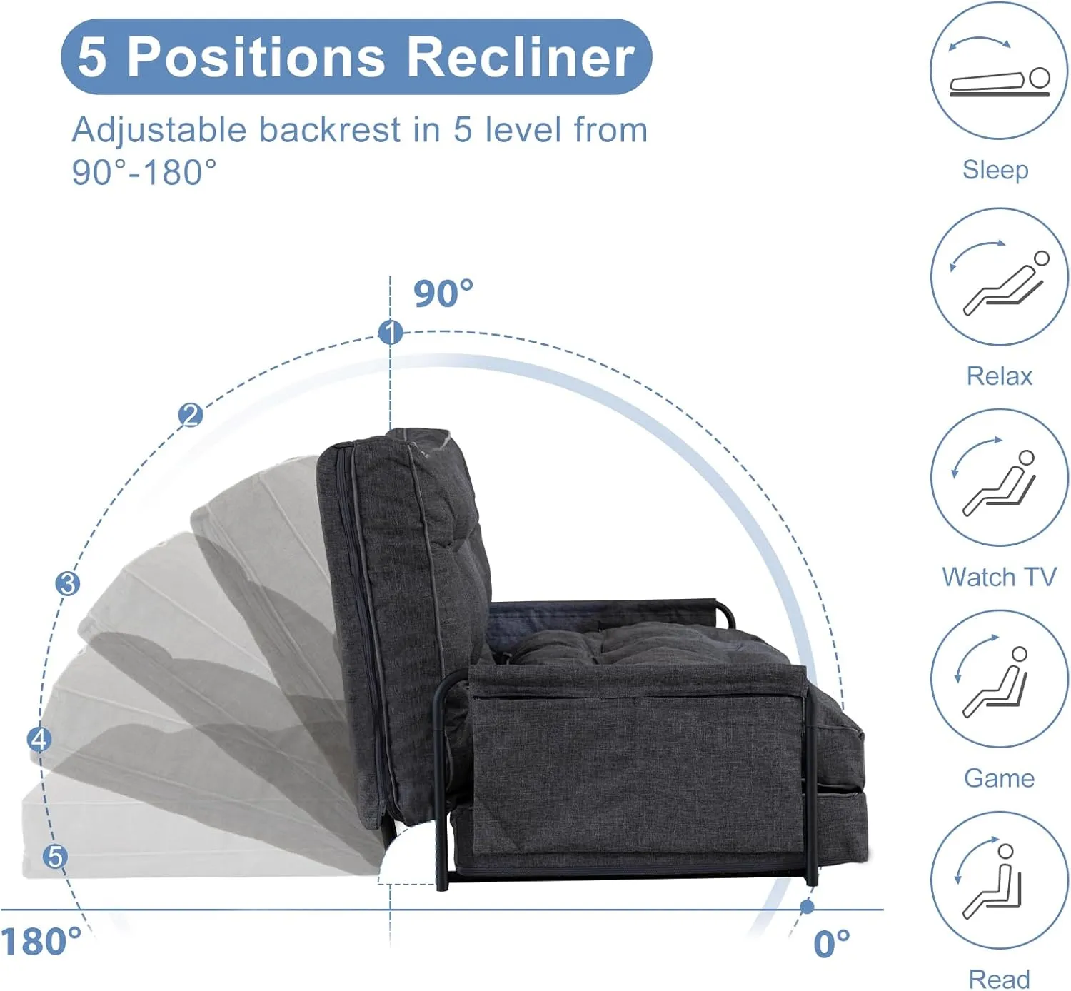 YOSHOOT Adjustable Lazy Floor Sofa, Folding Couch Bed with 5 Positions Adjustable Backrest, Convertible Bean Bag Sofa Bed Couch Foldable Sleeper Chair with Pillow for Reading Gaming（Grey, Full）