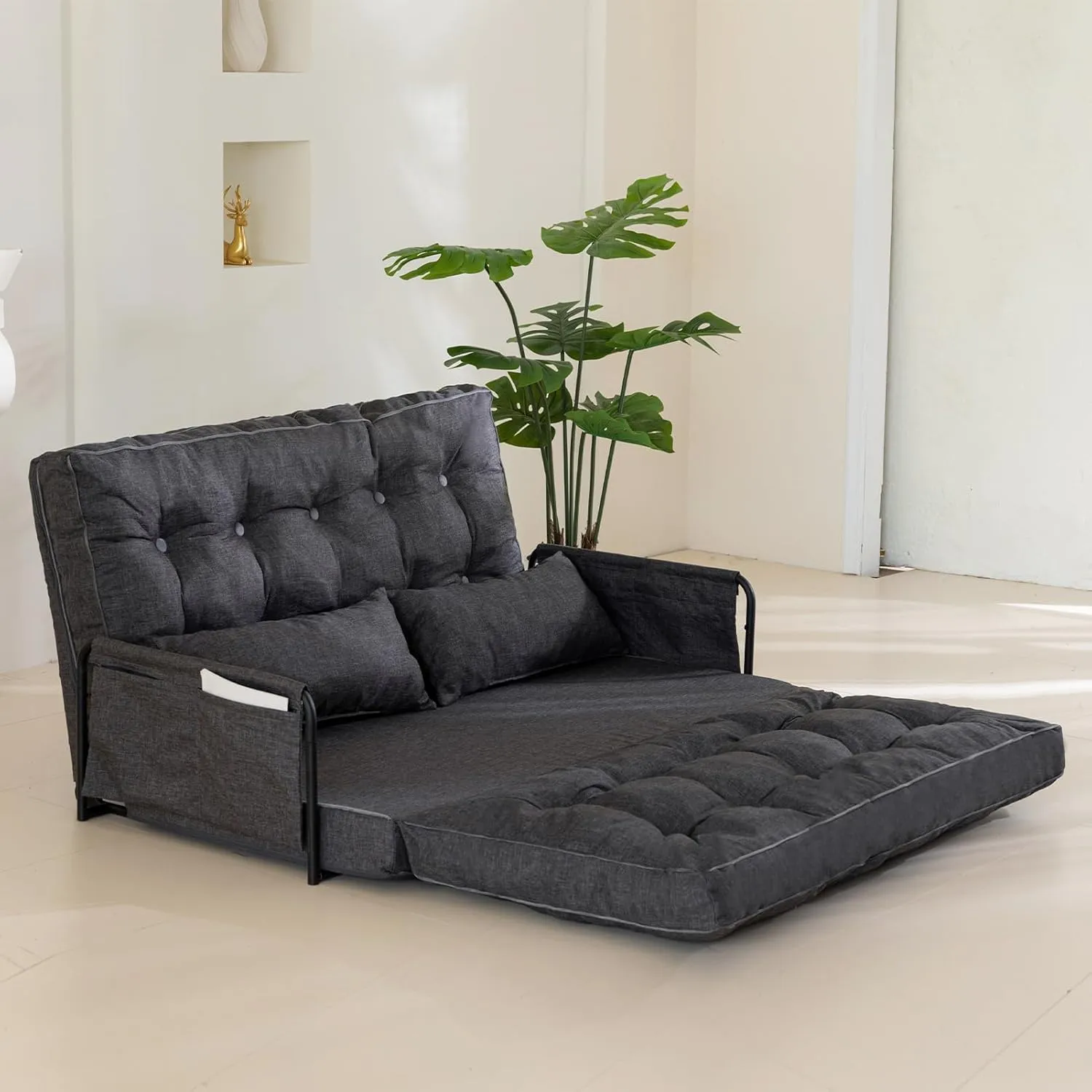 YOSHOOT Adjustable Lazy Floor Sofa, Folding Couch Bed with 5 Positions Adjustable Backrest, Convertible Bean Bag Sofa Bed Couch Foldable Sleeper Chair with Pillow for Reading Gaming（Grey, Full）
