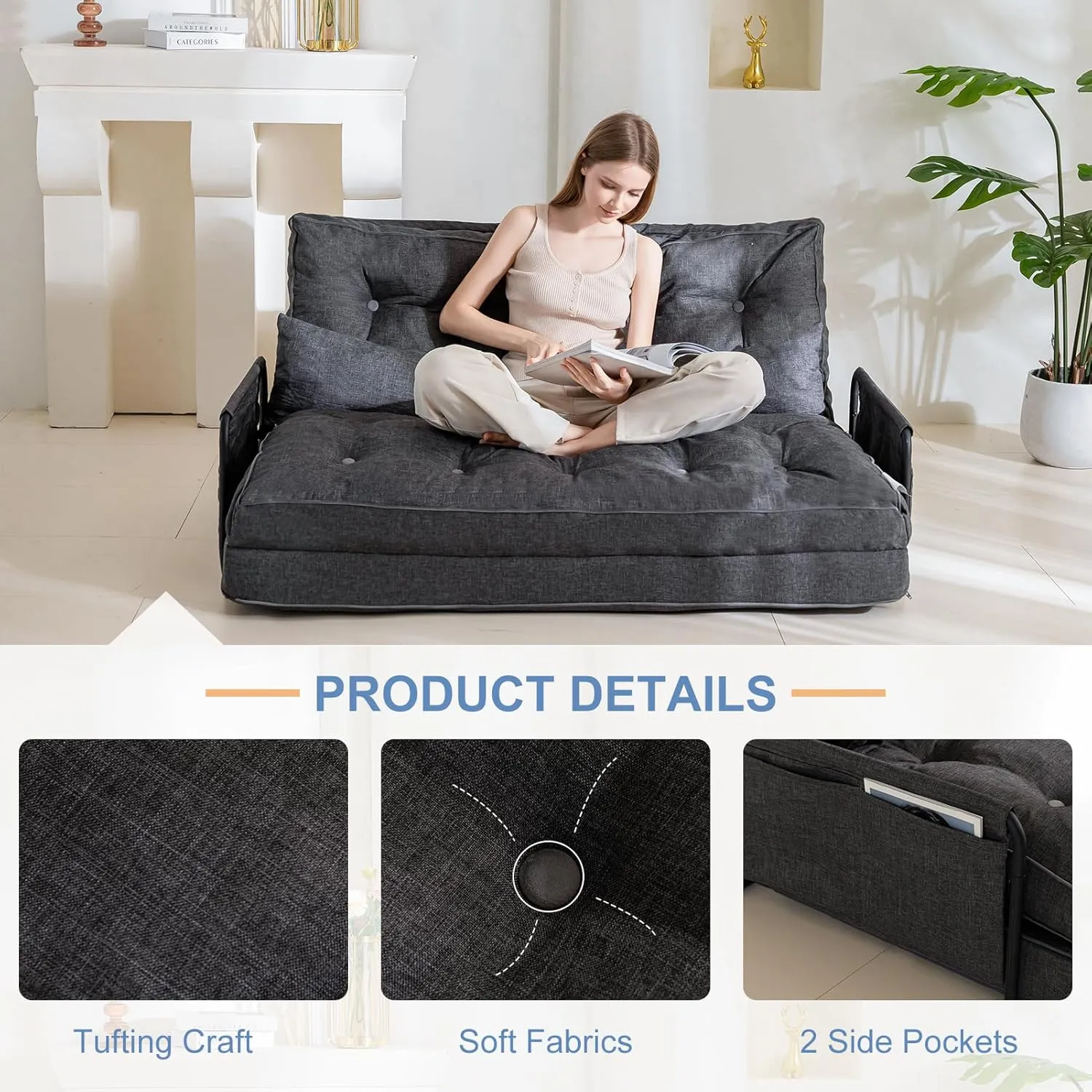 YOSHOOT Adjustable Lazy Floor Sofa, Folding Couch Bed with 5 Positions Adjustable Backrest, Convertible Bean Bag Sofa Bed Couch Foldable Sleeper Chair with Pillow for Reading Gaming（Grey, Full）