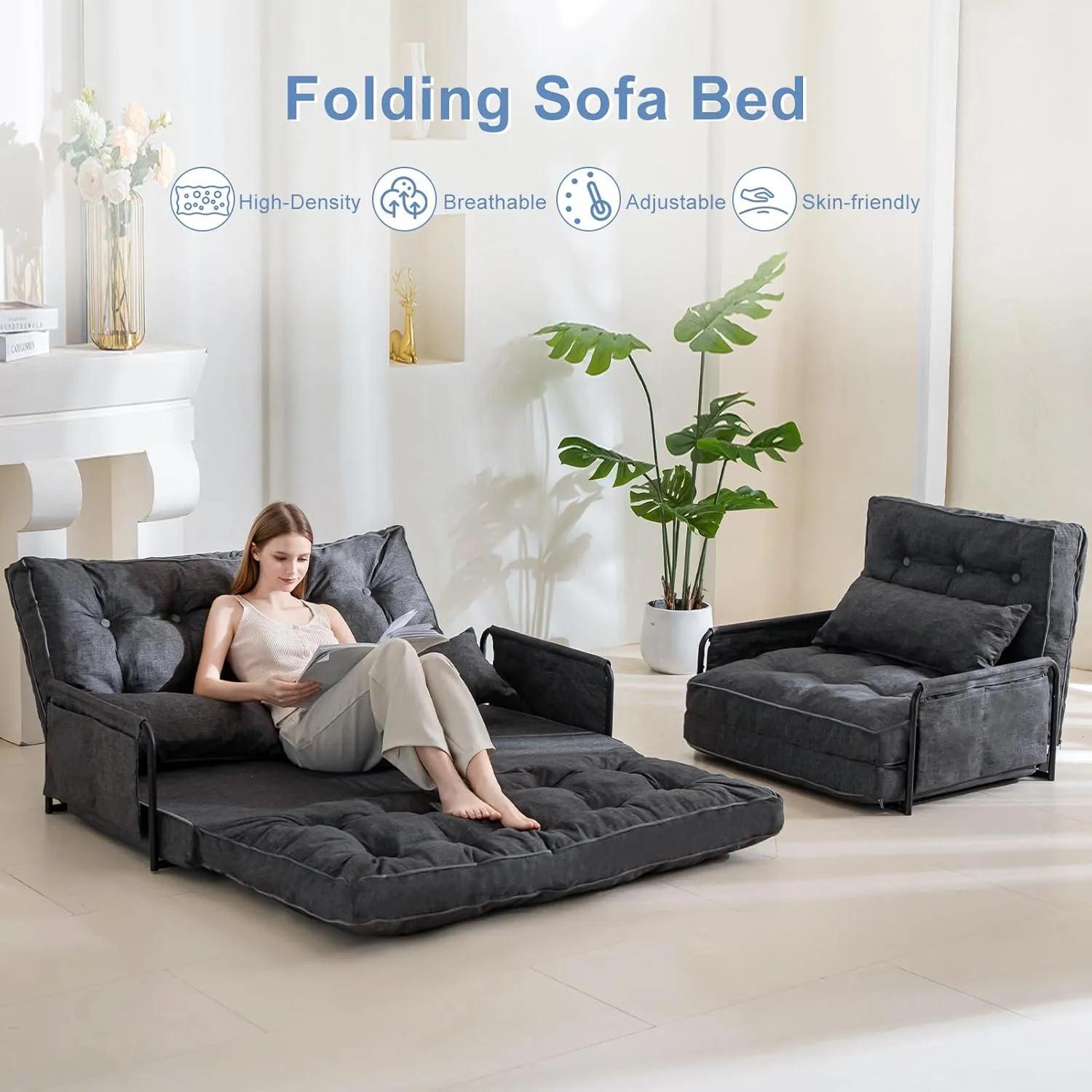 YOSHOOT Adjustable Lazy Floor Sofa, Folding Couch Bed with 5 Positions Adjustable Backrest, Convertible Bean Bag Sofa Bed Couch Foldable Sleeper Chair with Pillow for Reading Gaming（Grey, Full）