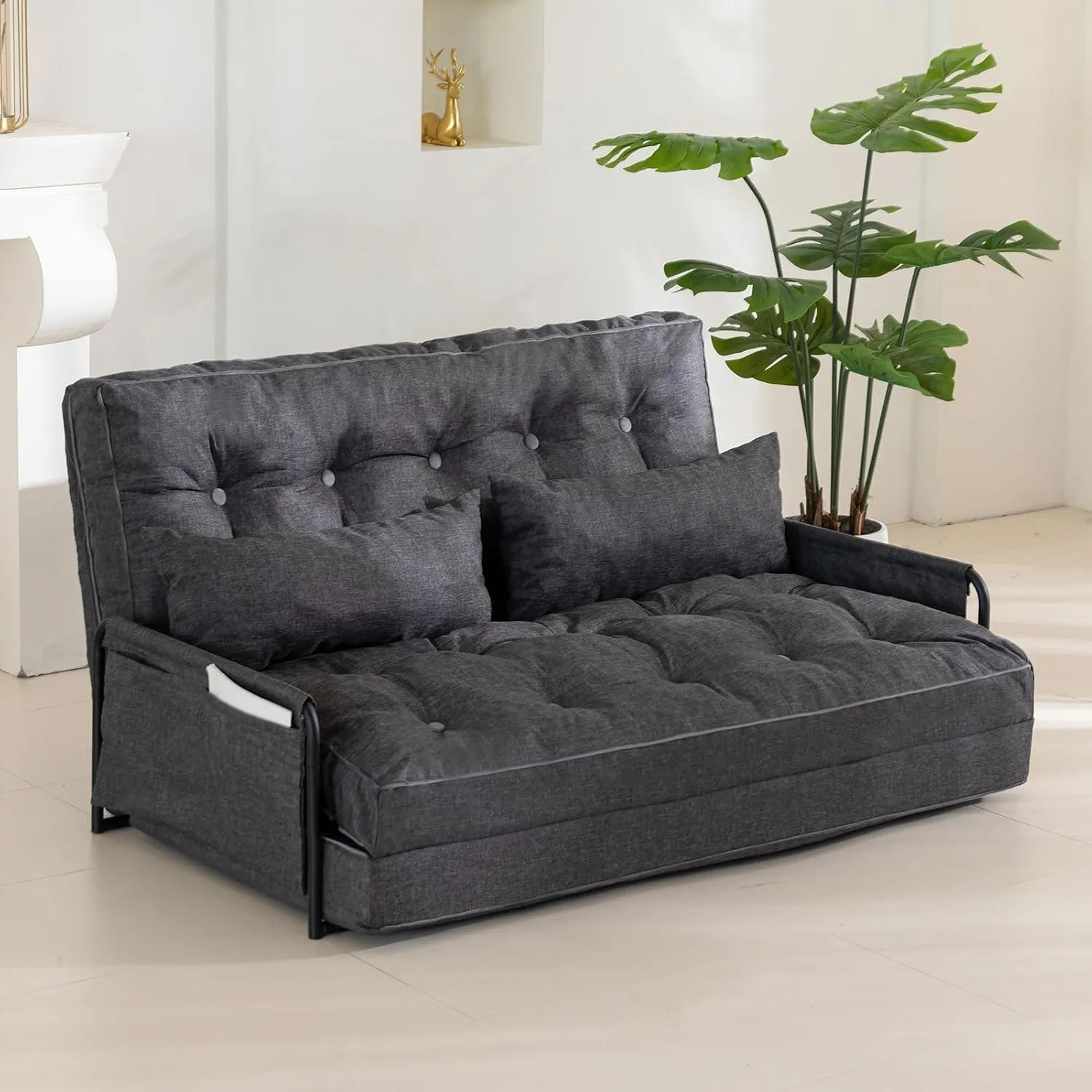 YOSHOOT Adjustable Lazy Floor Sofa, Folding Couch Bed with 5 Positions Adjustable Backrest, Convertible Bean Bag Sofa Bed Couch Foldable Sleeper Chair with Pillow for Reading Gaming（Grey, Full）