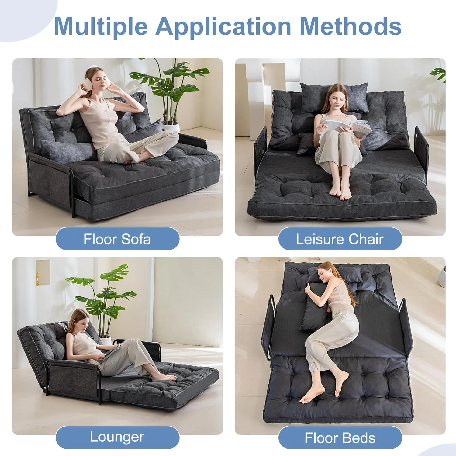 YOSHOOT Adjustable Lazy Floor Sofa, Folding Couch Bed with 5 Positions Adjustable Backrest, Convertible Bean Bag Sofa Bed Couch Foldable Sleeper Chair with Pillow for Reading Gaming（Grey, Full）