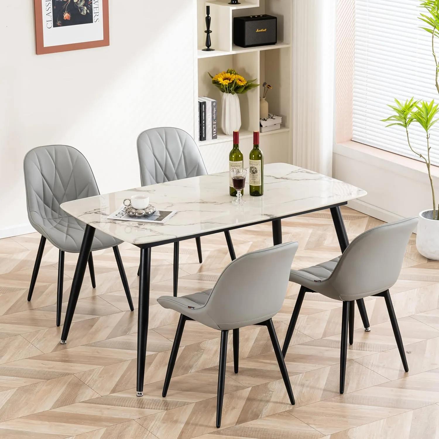 YOUNIKE Dining Chairs Set of 2, Grey Comfy Padded Kitchen Chairs, Mid Century Modern Faux Leather Upholstered Dining Room Chairs, Armless Elegant Side Chair, Loads up to 300LBS