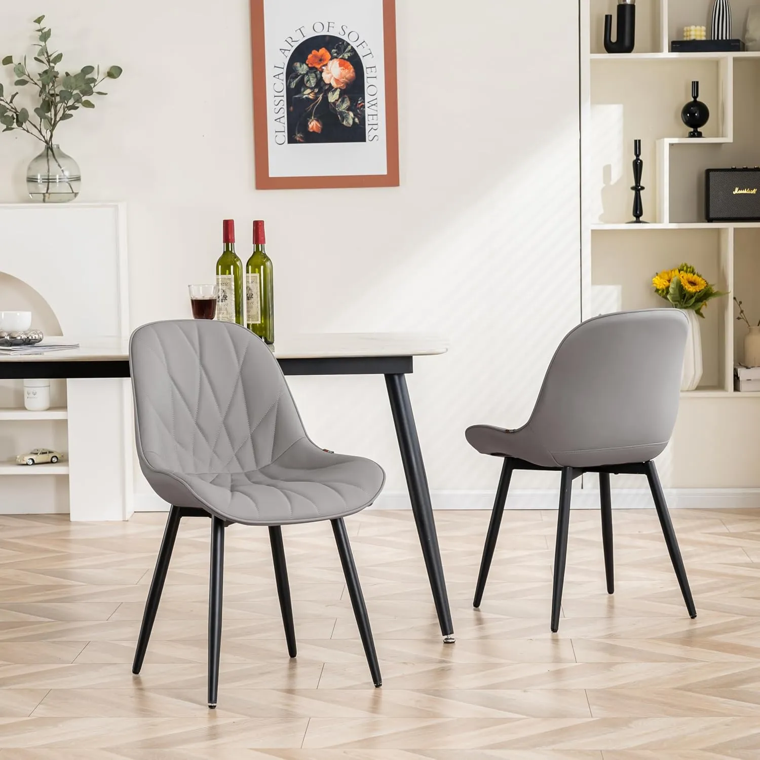 YOUNIKE Dining Chairs Set of 2, Grey Comfy Padded Kitchen Chairs, Mid Century Modern Faux Leather Upholstered Dining Room Chairs, Armless Elegant Side Chair, Loads up to 300LBS
