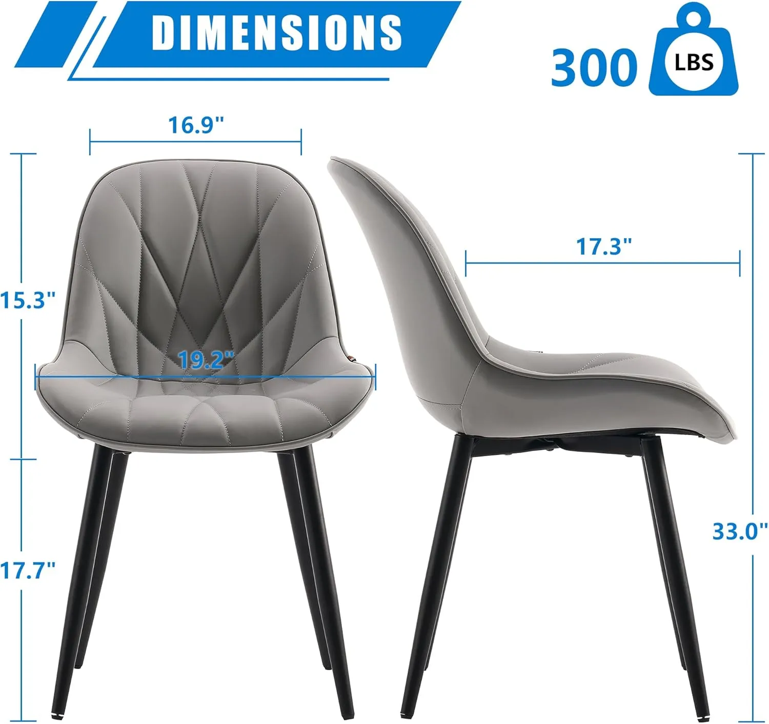YOUNIKE Dining Chairs Set of 2, Grey Comfy Padded Kitchen Chairs, Mid Century Modern Faux Leather Upholstered Dining Room Chairs, Armless Elegant Side Chair, Loads up to 300LBS