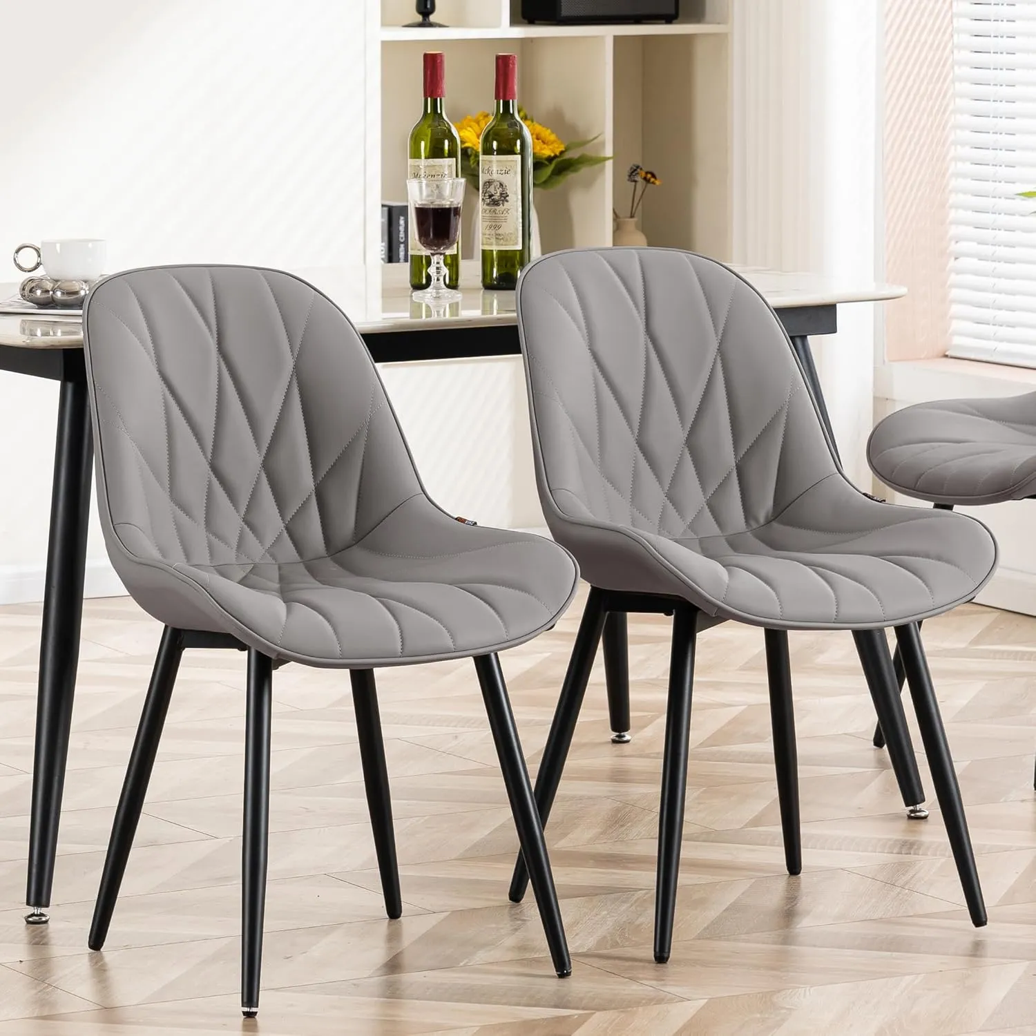 YOUNIKE Dining Chairs Set of 2, Grey Comfy Padded Kitchen Chairs, Mid Century Modern Faux Leather Upholstered Dining Room Chairs, Armless Elegant Side Chair, Loads up to 300LBS