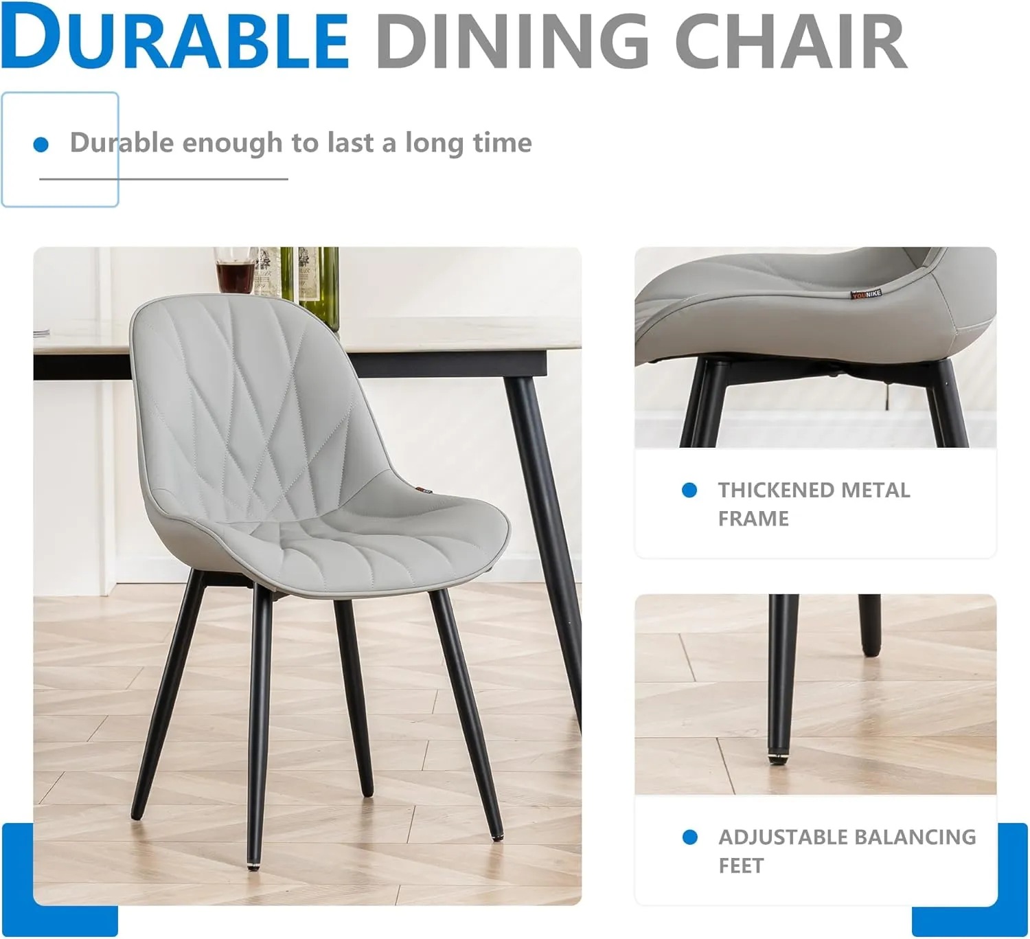 YOUNIKE Dining Chairs Set of 2, Grey Comfy Padded Kitchen Chairs, Mid Century Modern Faux Leather Upholstered Dining Room Chairs, Armless Elegant Side Chair, Loads up to 300LBS