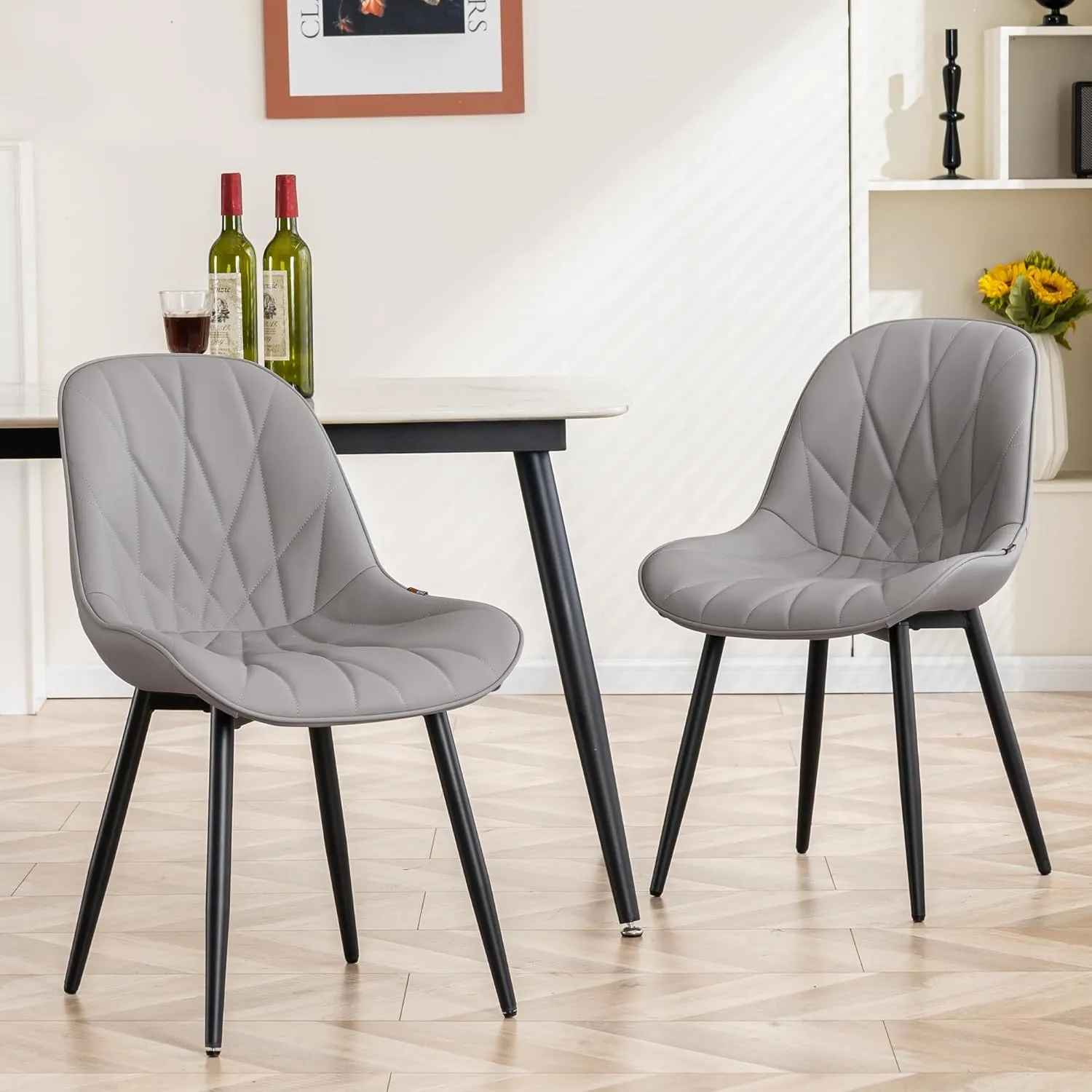 YOUNIKE Dining Chairs Set of 2, Grey Comfy Padded Kitchen Chairs, Mid Century Modern Faux Leather Upholstered Dining Room Chairs, Armless Elegant Side Chair, Loads up to 300LBS