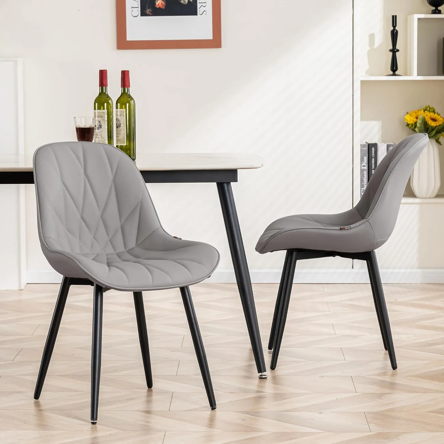 YOUNIKE Dining Chairs Set of 2, Grey Comfy Padded Kitchen Chairs, Mid Century Modern Faux Leather Upholstered Dining Room Chairs, Armless Elegant Side Chair, Loads up to 300LBS