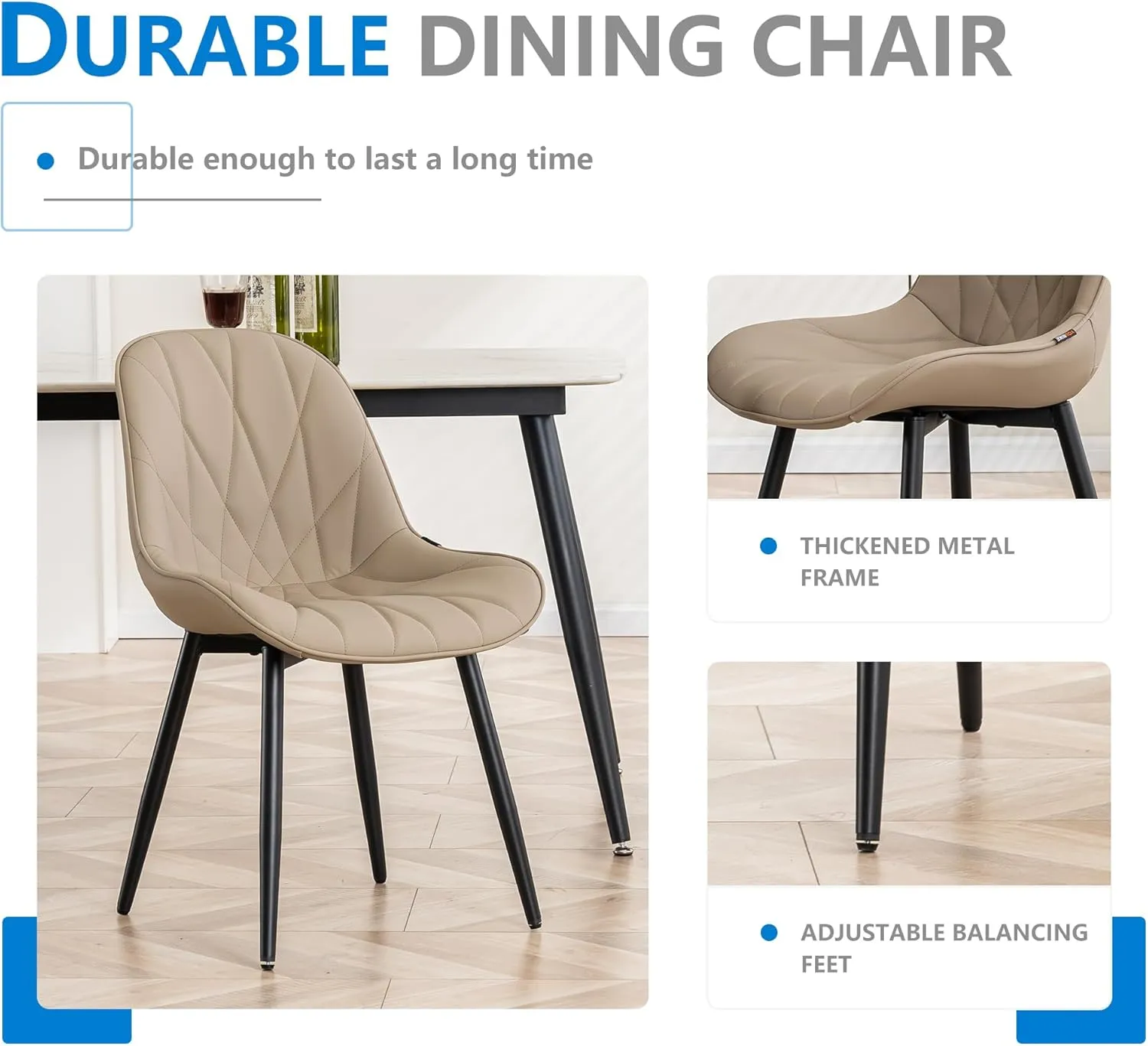 YOUNIKE Dining Chairs Set of 2, Khaki Comfy Padded Kitchen Chairs, Mid Century Modern Faux Leather Upholstered Dining Room Chairs, Armless Elegant Side Chair, Loads up to 300LBS