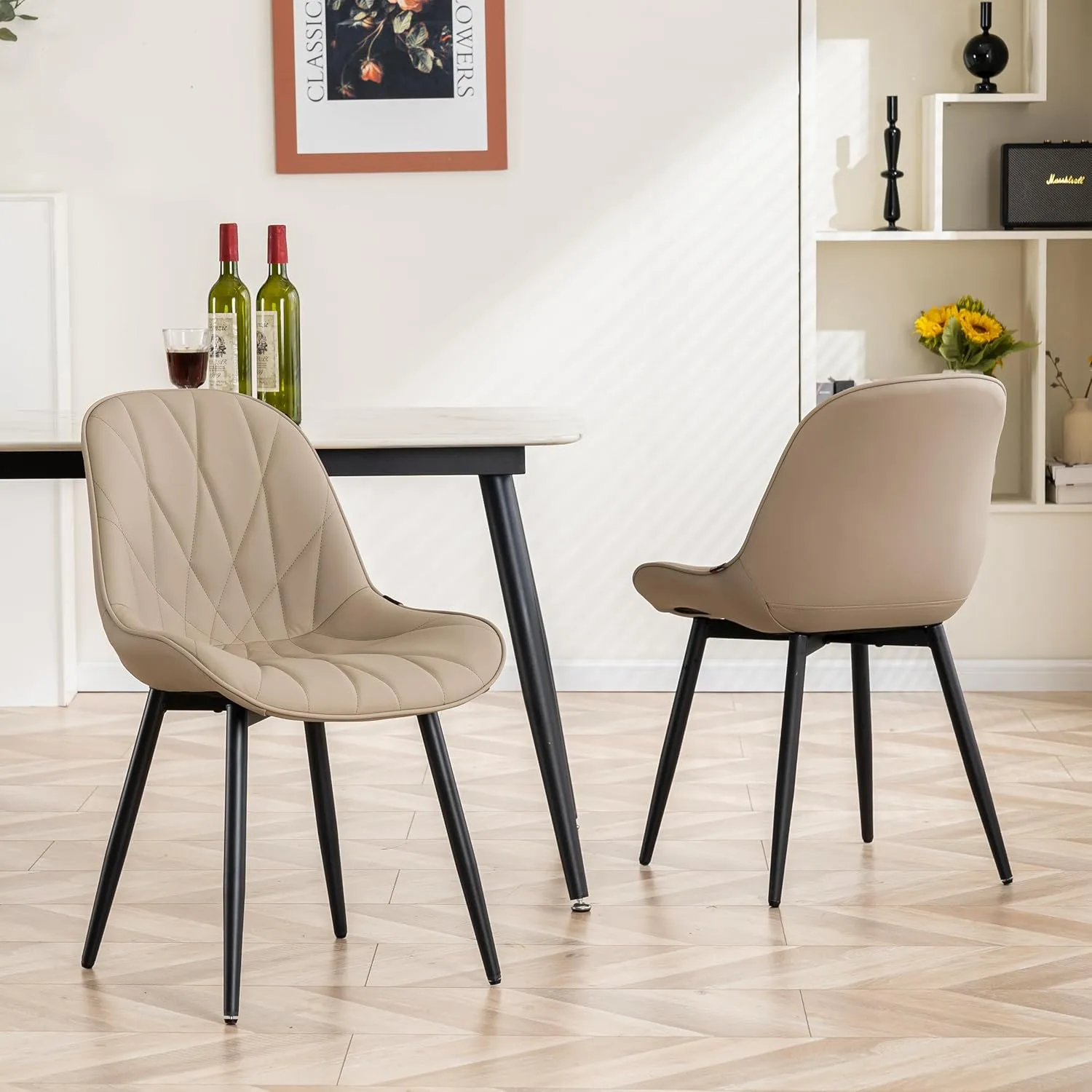YOUNIKE Dining Chairs Set of 2, Khaki Comfy Padded Kitchen Chairs, Mid Century Modern Faux Leather Upholstered Dining Room Chairs, Armless Elegant Side Chair, Loads up to 300LBS