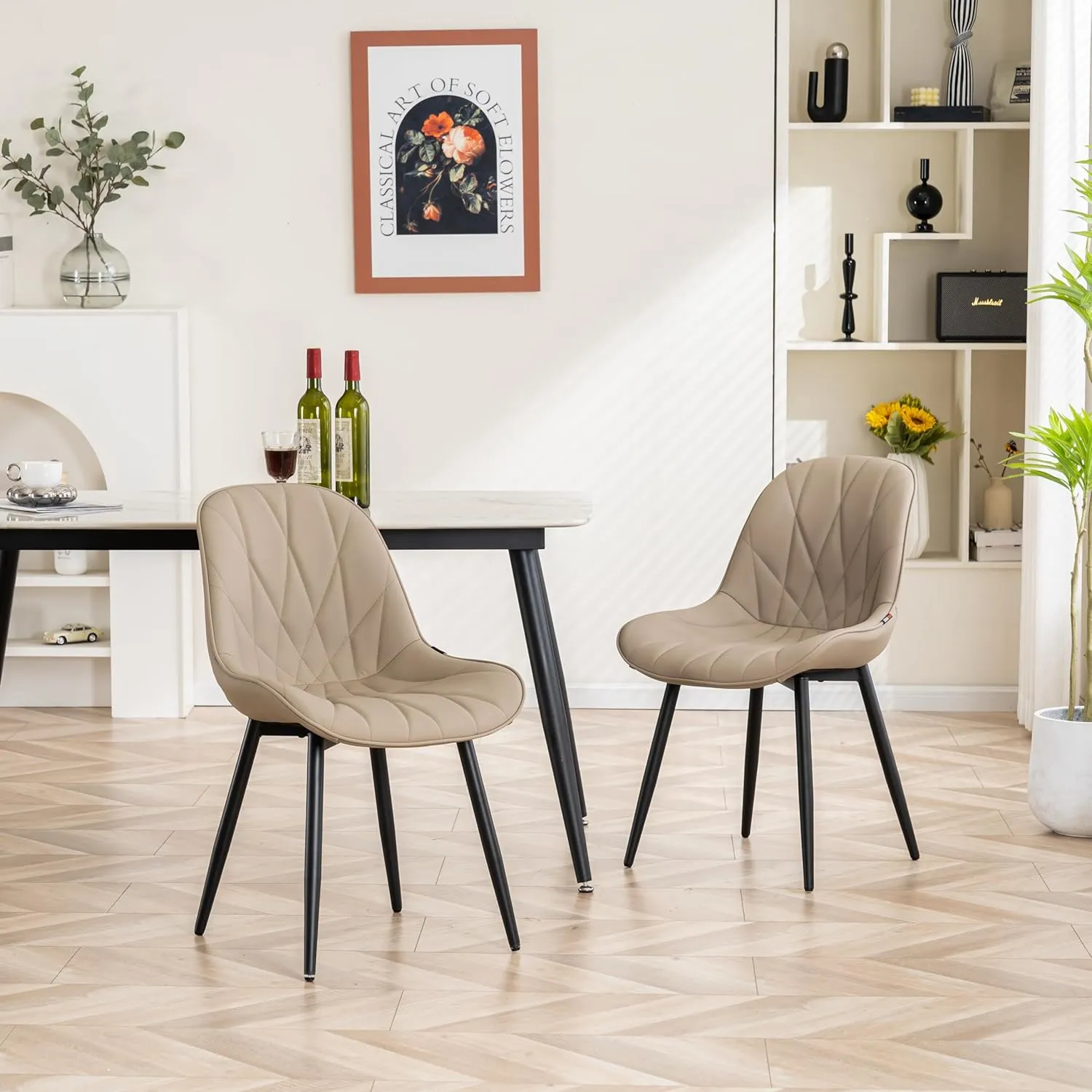 YOUNIKE Dining Chairs Set of 2, Khaki Comfy Padded Kitchen Chairs, Mid Century Modern Faux Leather Upholstered Dining Room Chairs, Armless Elegant Side Chair, Loads up to 300LBS