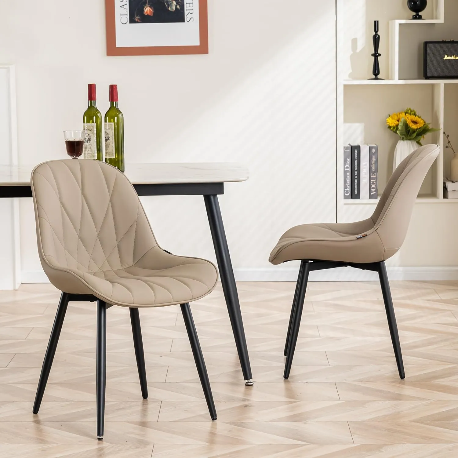 YOUNIKE Dining Chairs Set of 2, Khaki Comfy Padded Kitchen Chairs, Mid Century Modern Faux Leather Upholstered Dining Room Chairs, Armless Elegant Side Chair, Loads up to 300LBS