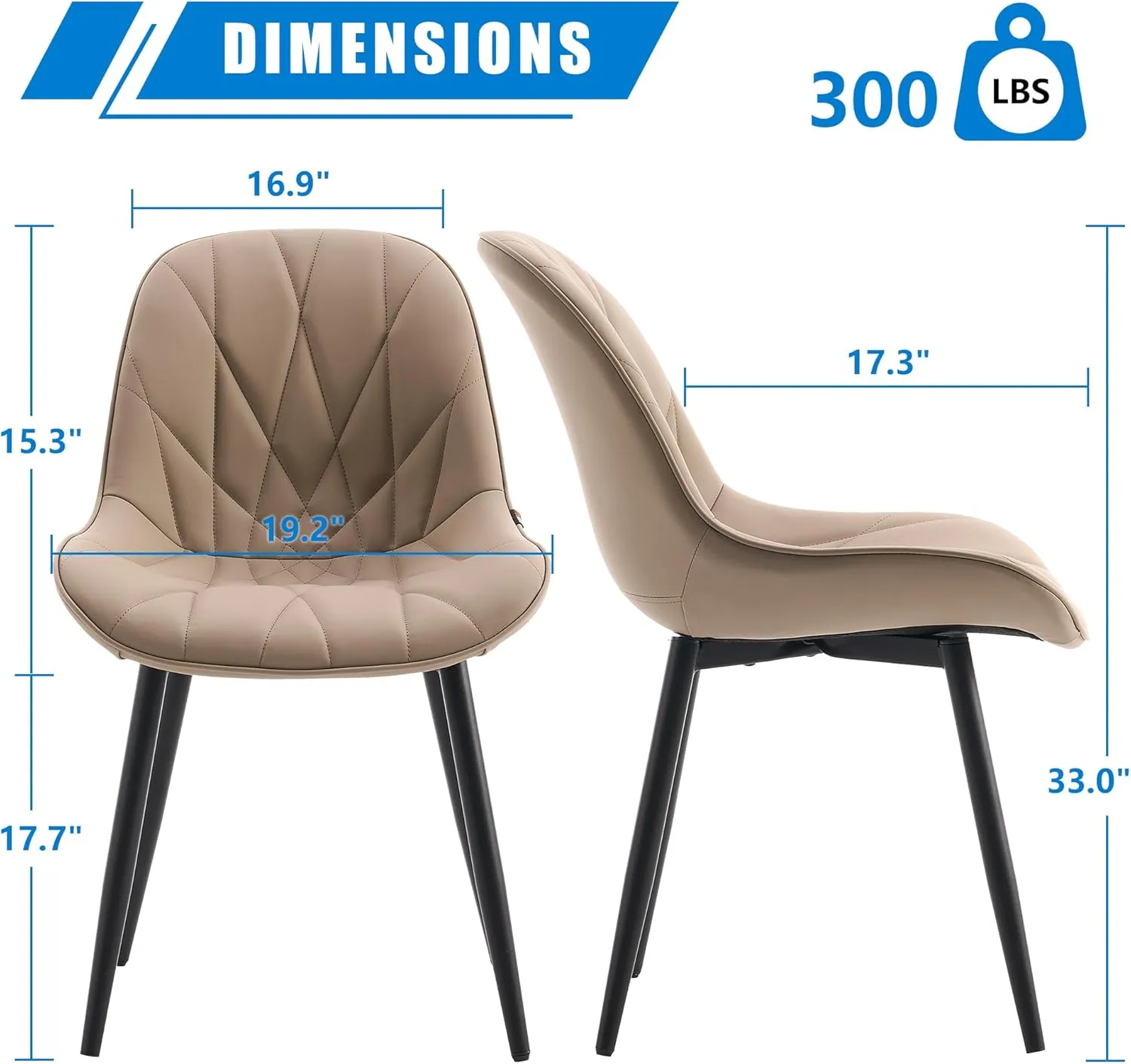 YOUNIKE Dining Chairs Set of 2, Khaki Comfy Padded Kitchen Chairs, Mid Century Modern Faux Leather Upholstered Dining Room Chairs, Armless Elegant Side Chair, Loads up to 300LBS