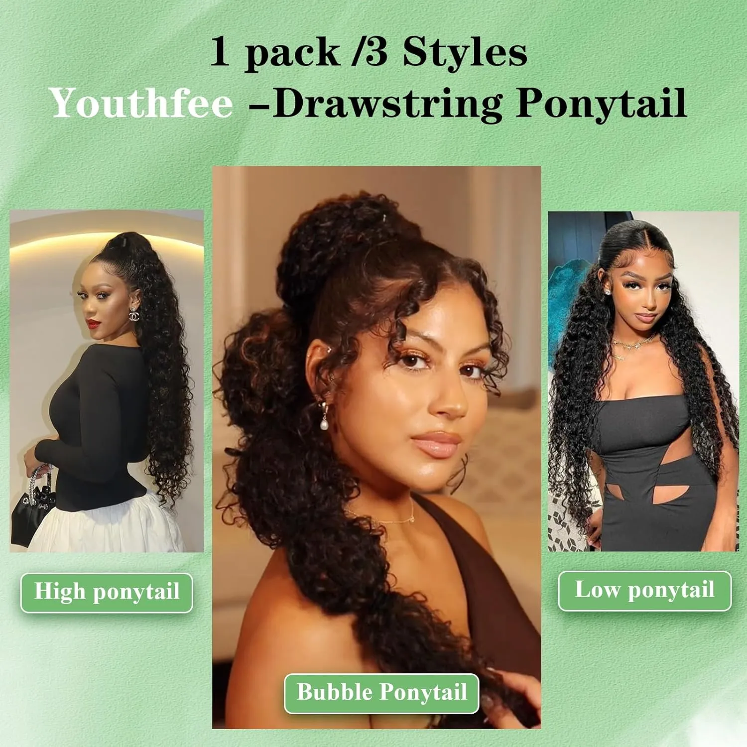 Youthfee 27” Drawstring Ponytail Deep Curly Heat Resistant Human Hair Blended Instant Clip Ponytail Extension Protective Style Brown Afro Kinky Curly Hair Pieces for Women