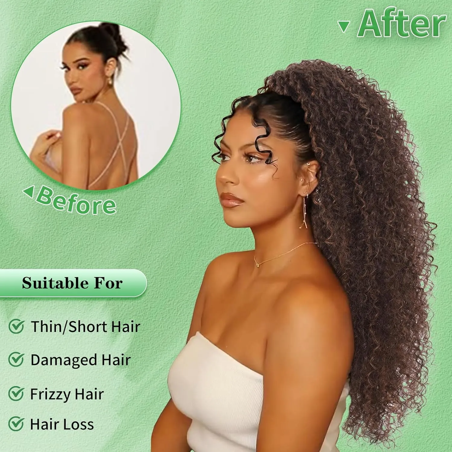 Youthfee 27” Drawstring Ponytail Deep Curly Heat Resistant Human Hair Blended Instant Clip Ponytail Extension Protective Style Brown Afro Kinky Curly Hair Pieces for Women
