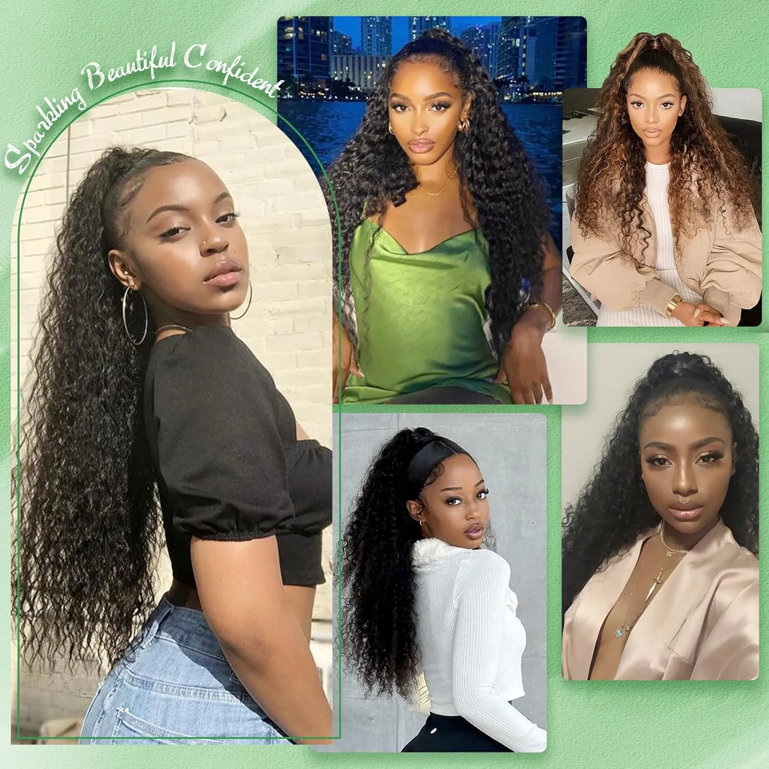 Youthfee 27” Drawstring Ponytail Deep Curly Heat Resistant Human Hair Blended Instant Clip Ponytail Extension Protective Style Brown Afro Kinky Curly Hair Pieces for Women