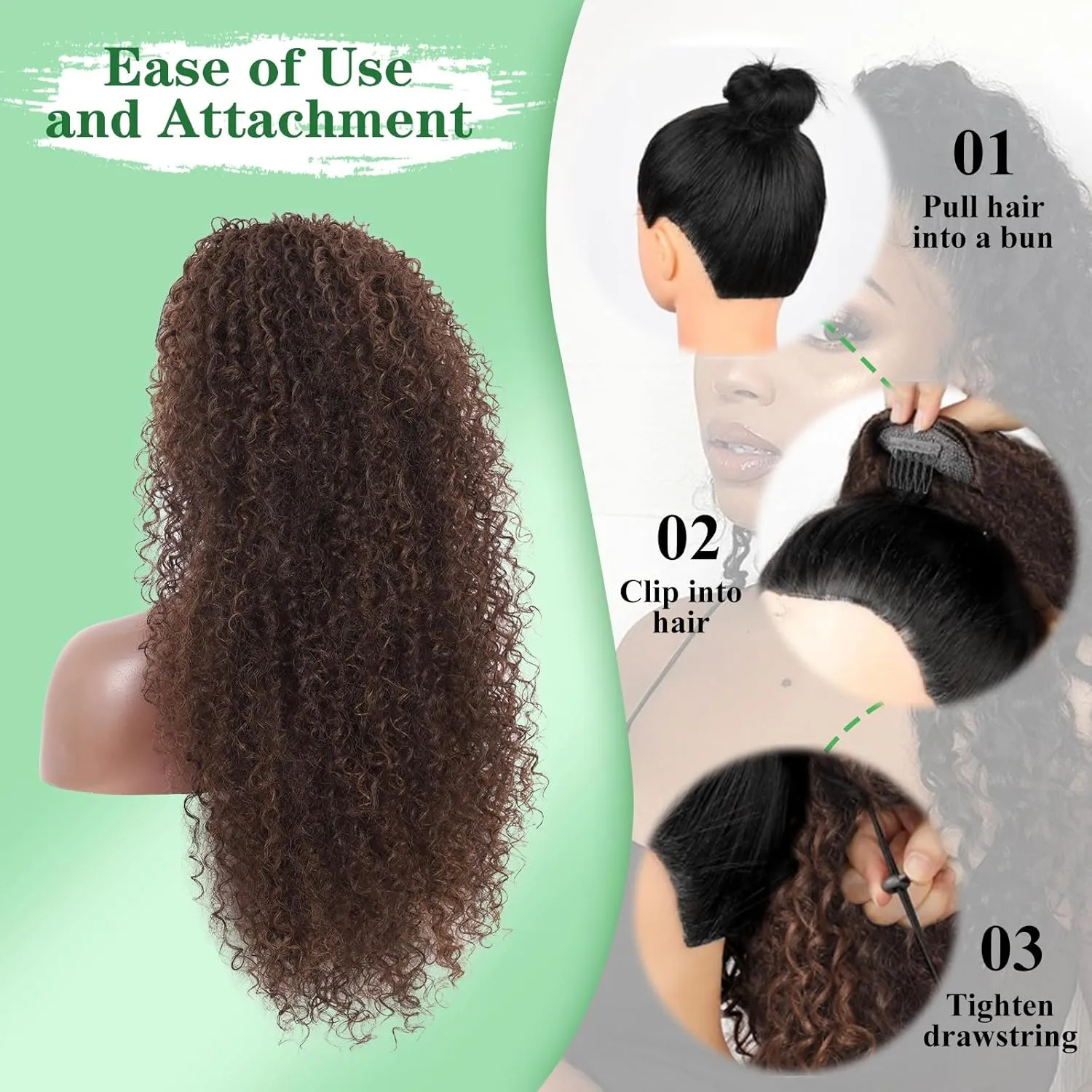 Youthfee 27” Drawstring Ponytail Deep Curly Heat Resistant Human Hair Blended Instant Clip Ponytail Extension Protective Style Brown Afro Kinky Curly Hair Pieces for Women
