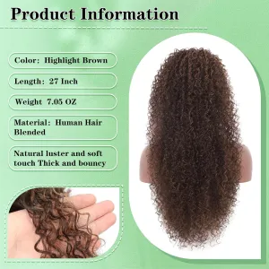Youthfee 27” Drawstring Ponytail Deep Curly Heat Resistant Human Hair Blended Instant Clip Ponytail Extension Protective Style Brown Afro Kinky Curly Hair Pieces for Women