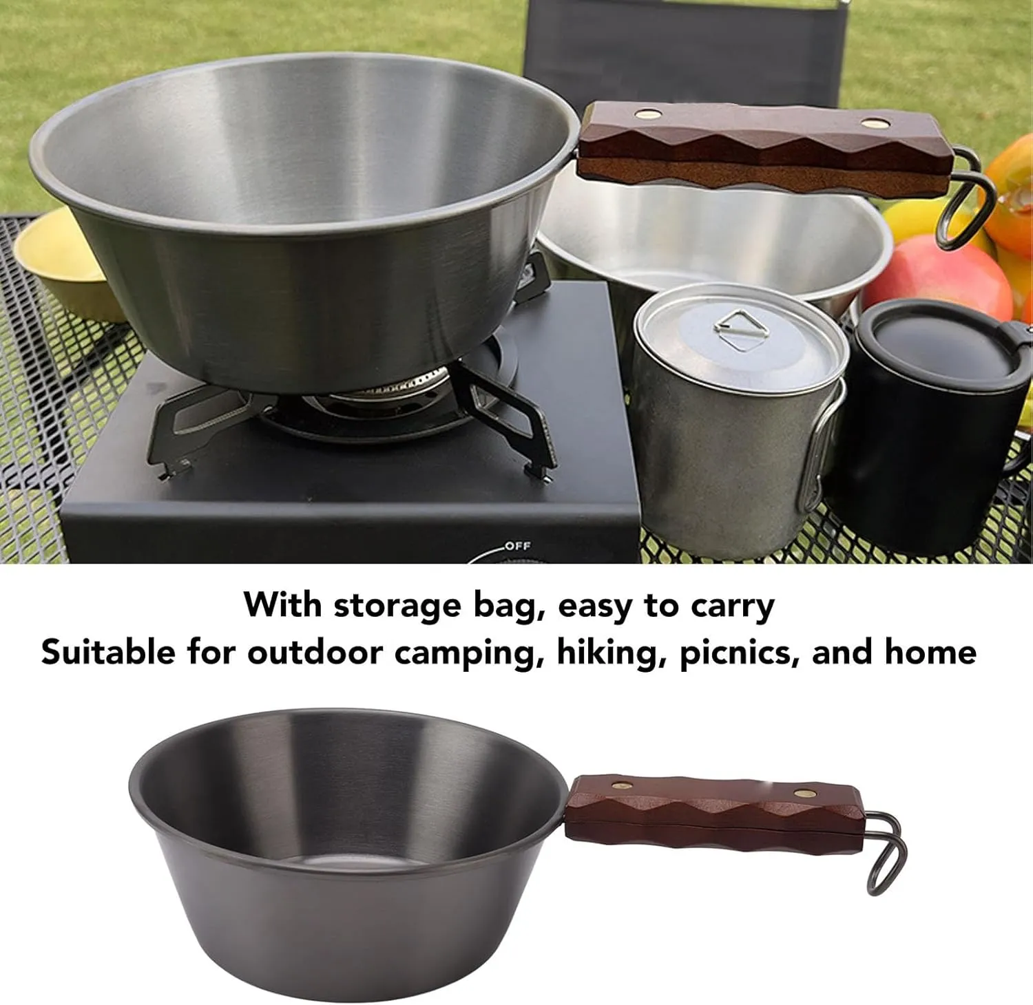 Yunir Camping Cookware Skillet, 2000ML Aluminum Alloy Non Stick Medium Frying Pan with Wood Handle, Safe Portable Camping Cooking Set for Outdoor Hiking Picnic