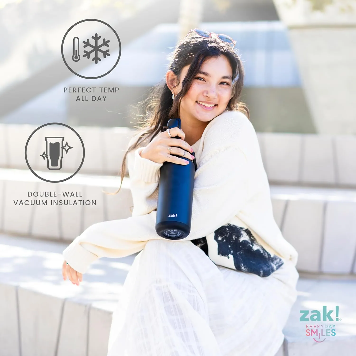 Zak Designs Beacon Straw Lid Water Bottle for Travel or At Home, 32oz Stainless Steel is Leak-Proof and Vacuum Insulated with Silicone Spout, Cover, Carry Handle, Protective Base (Vanilla Yellow)