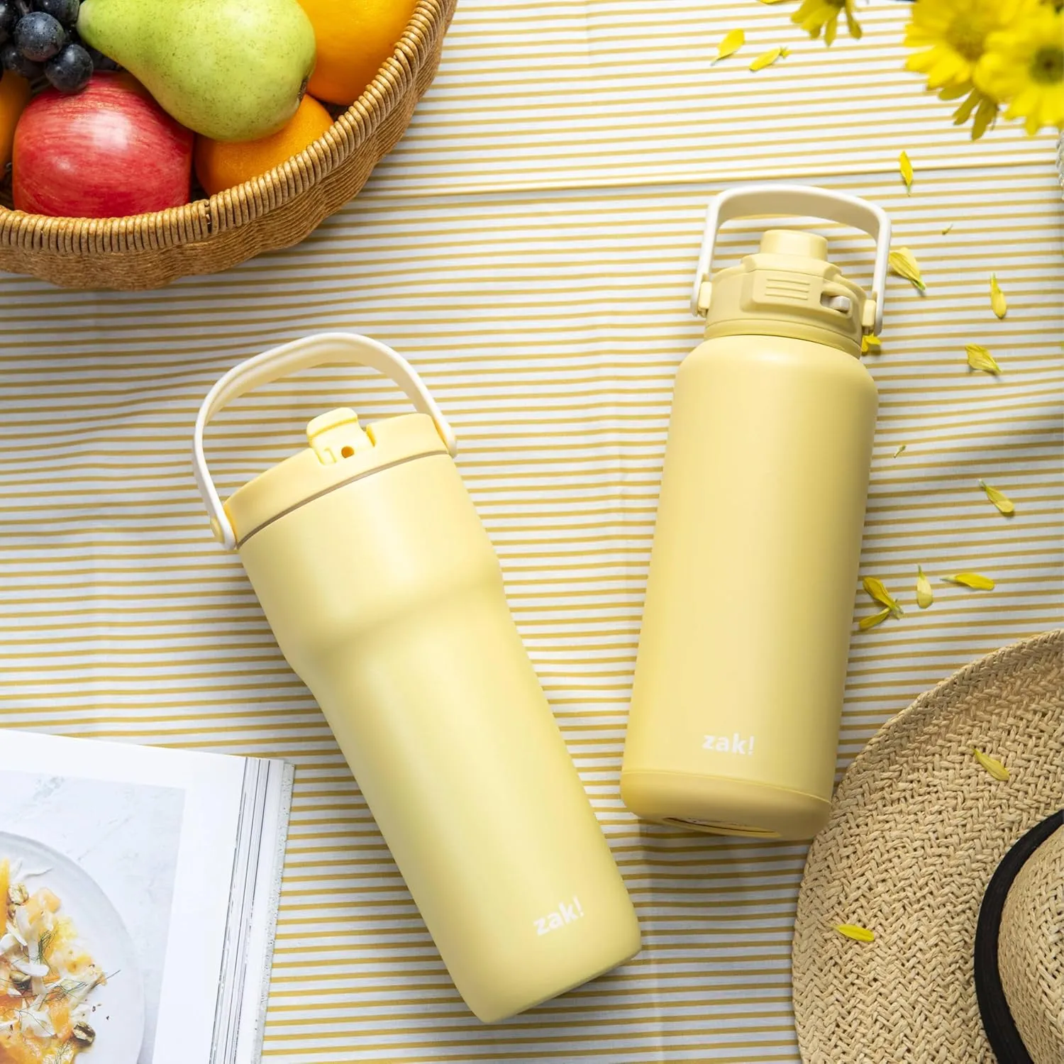 Zak Designs Beacon Straw Lid Water Bottle for Travel or At Home, 32oz Stainless Steel is Leak-Proof and Vacuum Insulated with Silicone Spout, Cover, Carry Handle, Protective Base (Vanilla Yellow)
